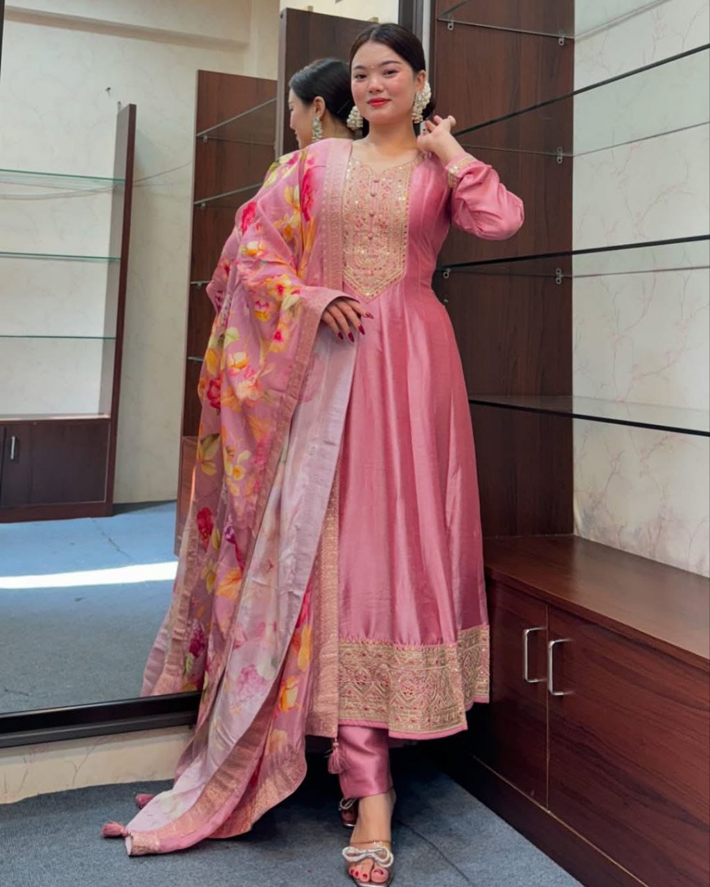 Anarkali Flared Pink Kurti Pant Dupatta Set