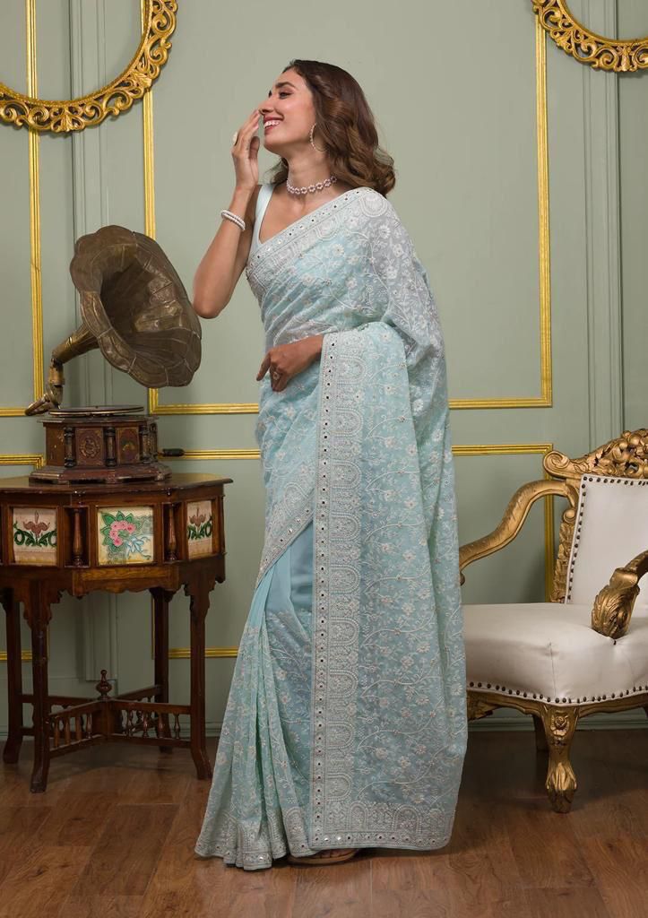 Faux Georgette Saree With White Thread