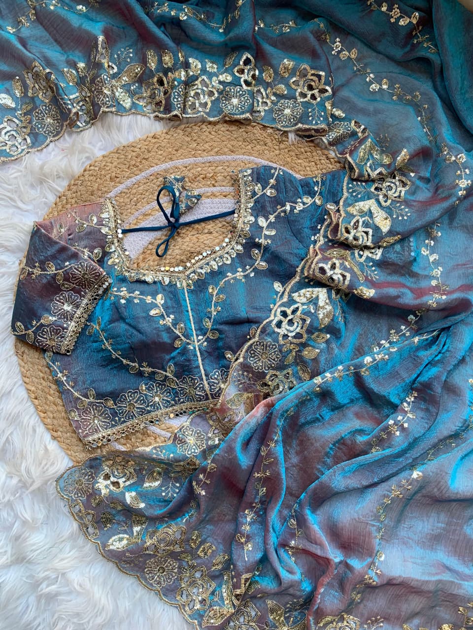 Fendy Chiffon Fabric  Beautiful Embroidery Wedding Saree