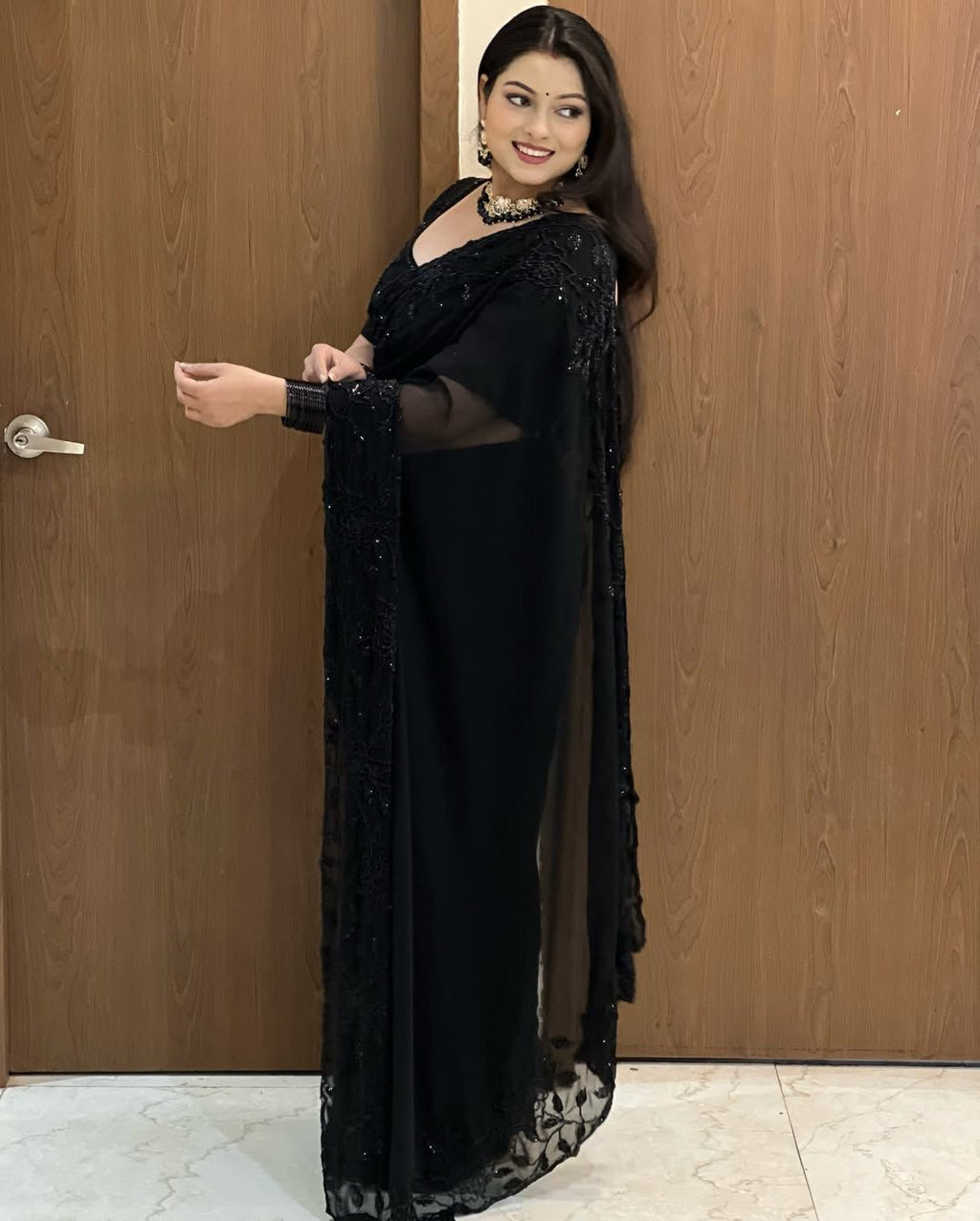 Beautiful Jet Black Georgette Saree