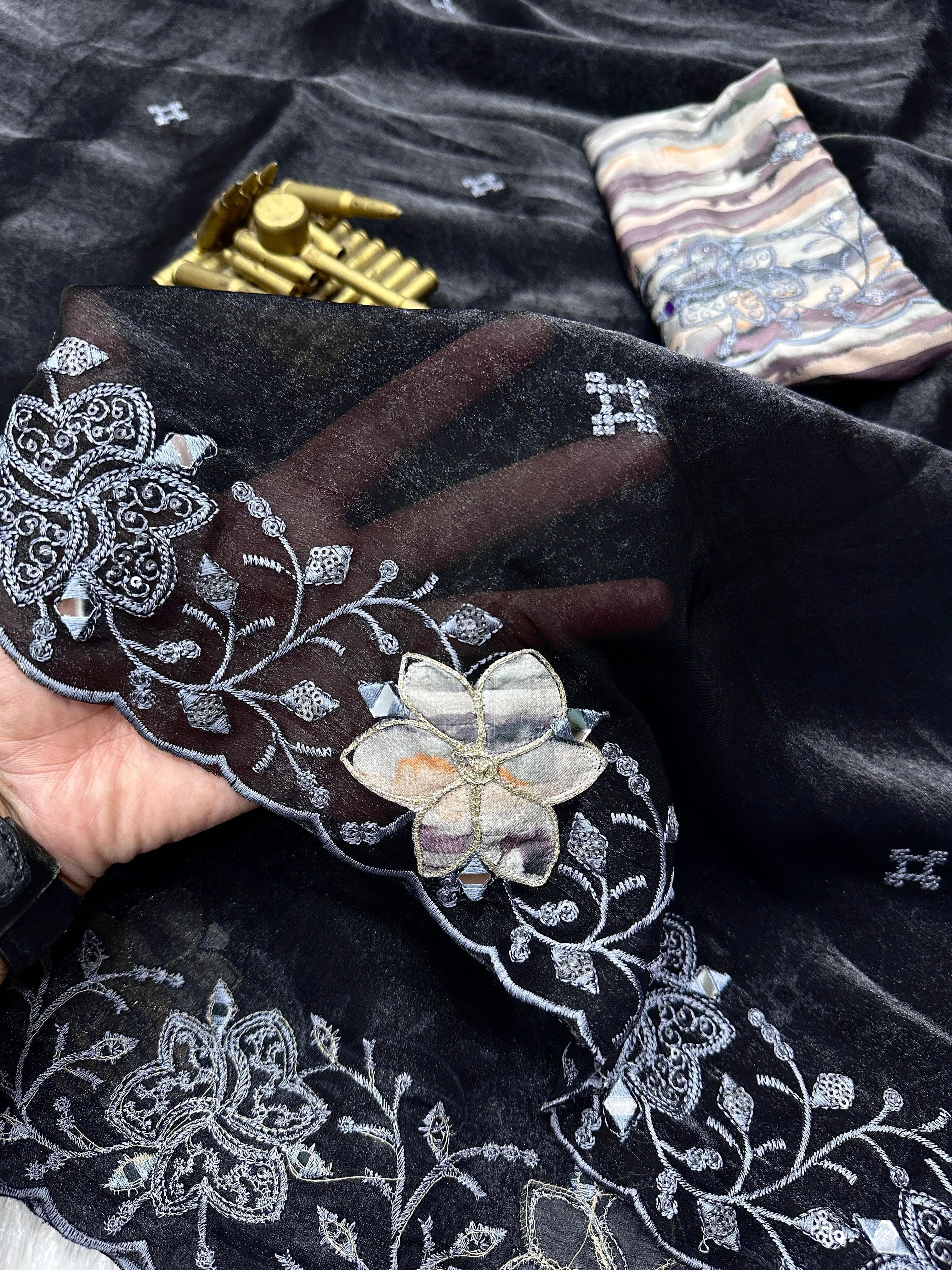 FENDY ORGANZA SATIN BLACK SAREE