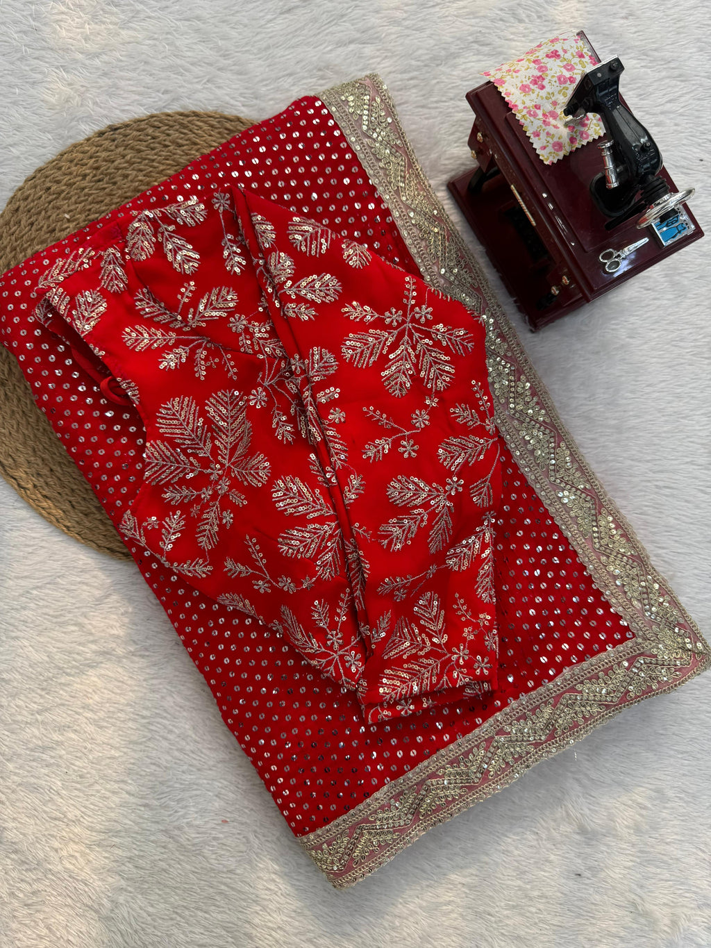 Faux Blooming Georgette Red Saree
