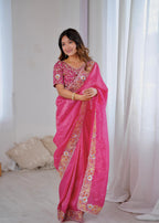 Premium Gold Crush Pink Saree