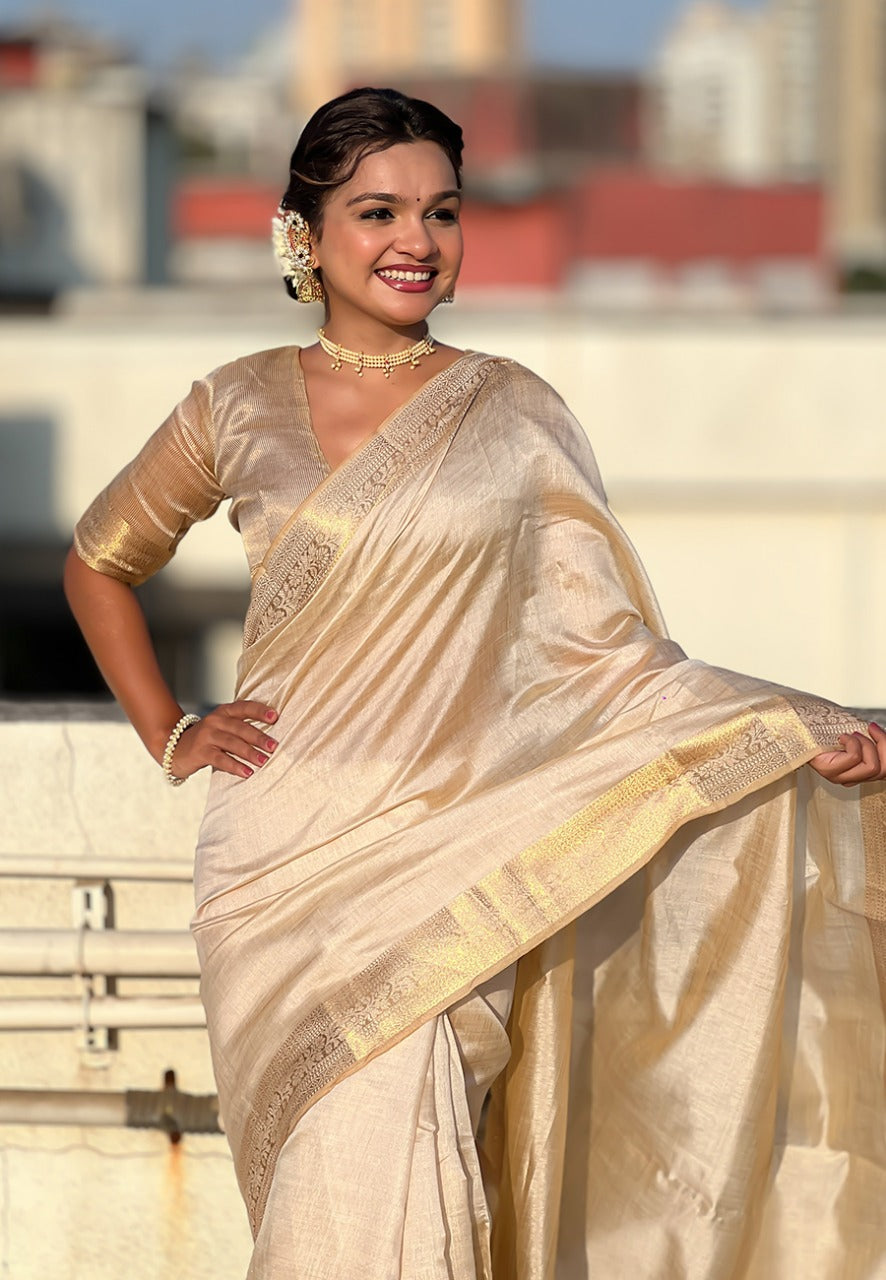 Plain Tussar Silk Sarees with zari woven border