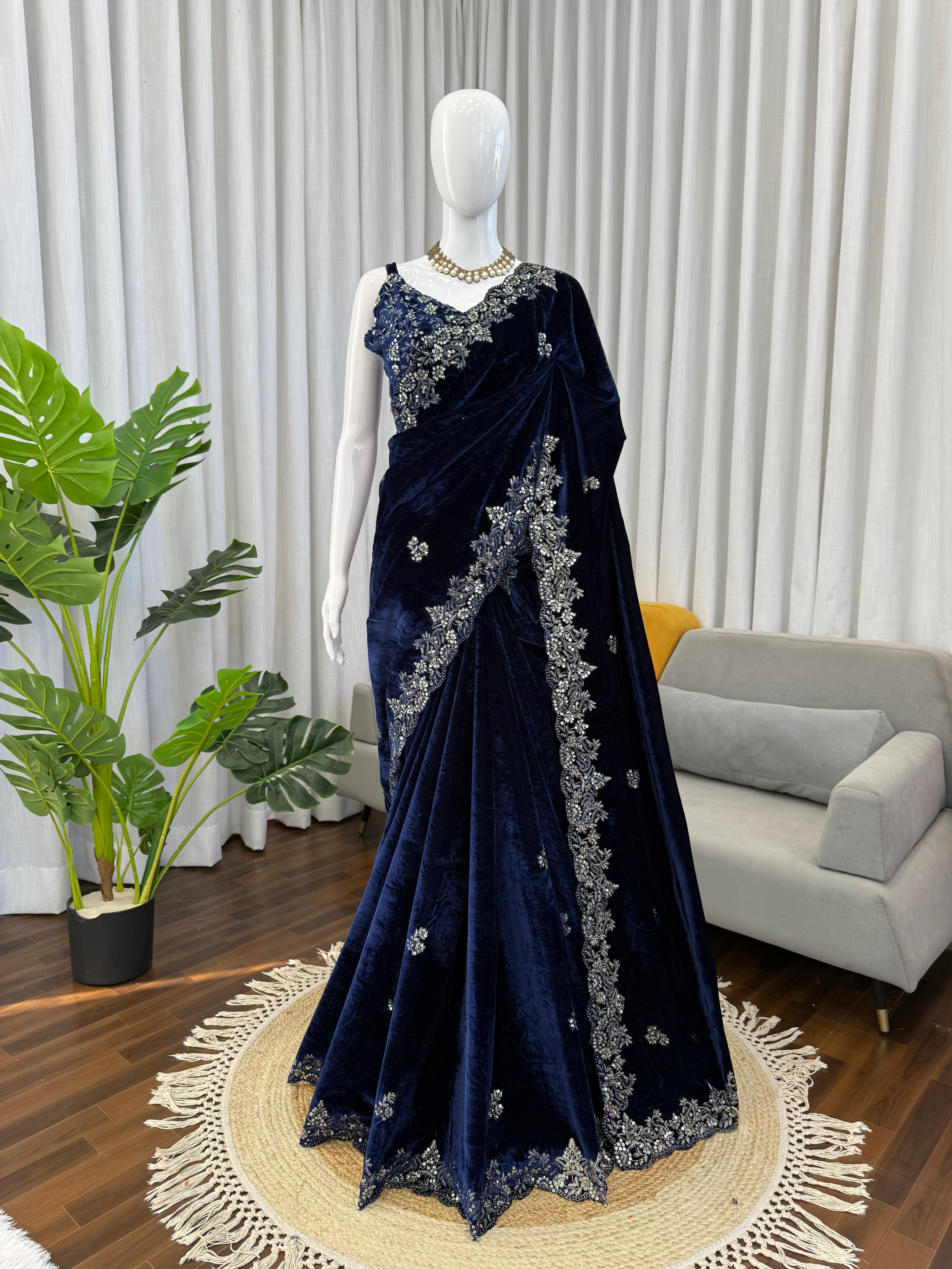 Viscose Velvet Nevy Blue Wedding Saree
