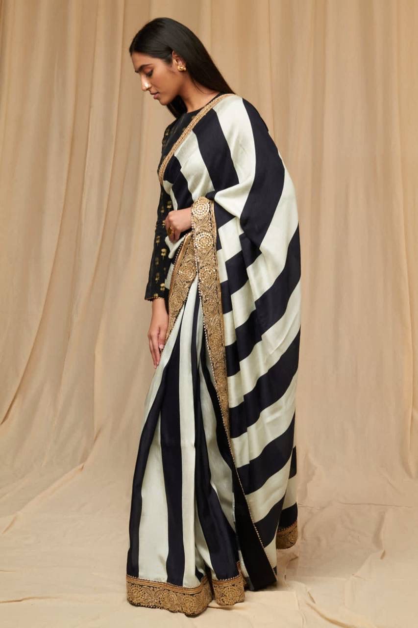 Faux Georgette Black and White Saree