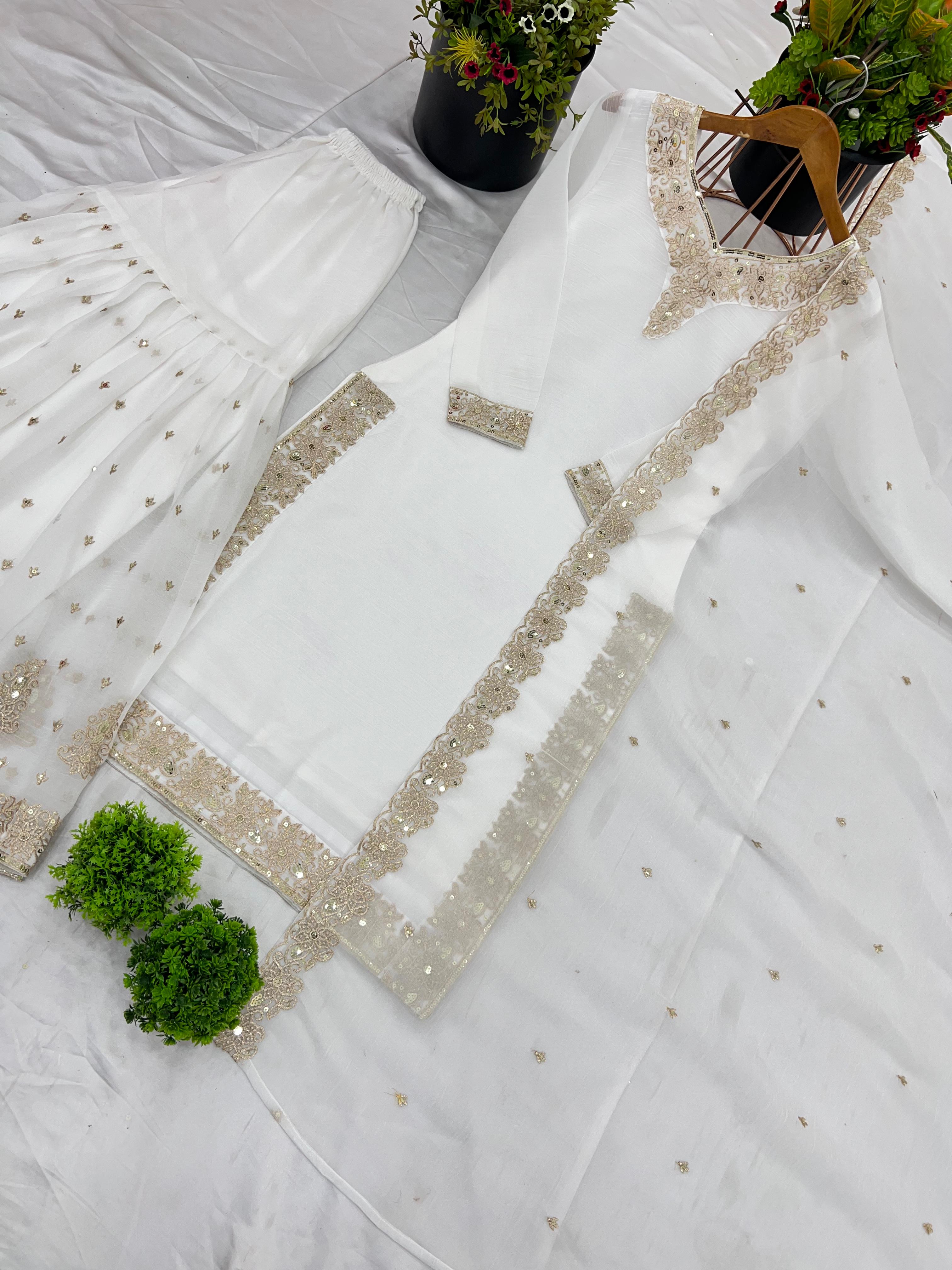 White Party Wear Look Top-Dupatta