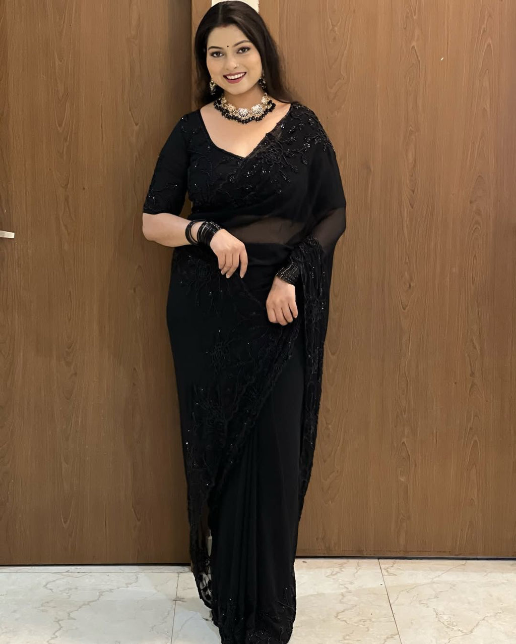 Beautiful Jet Black Georgette Saree