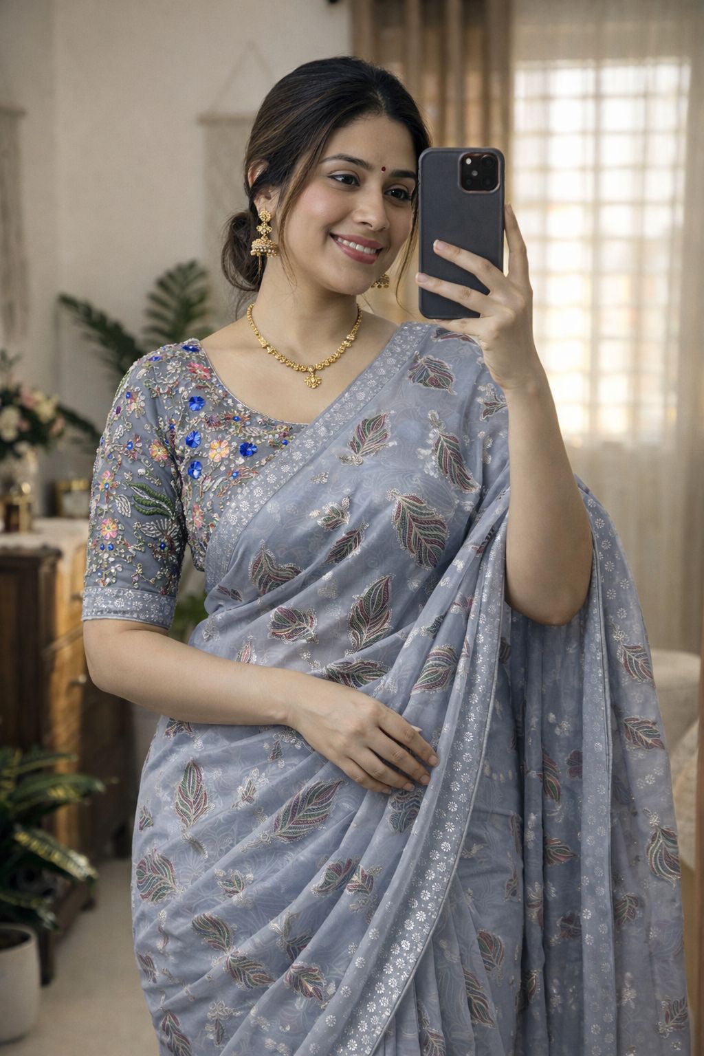 Fall Printe Embroidery Saree