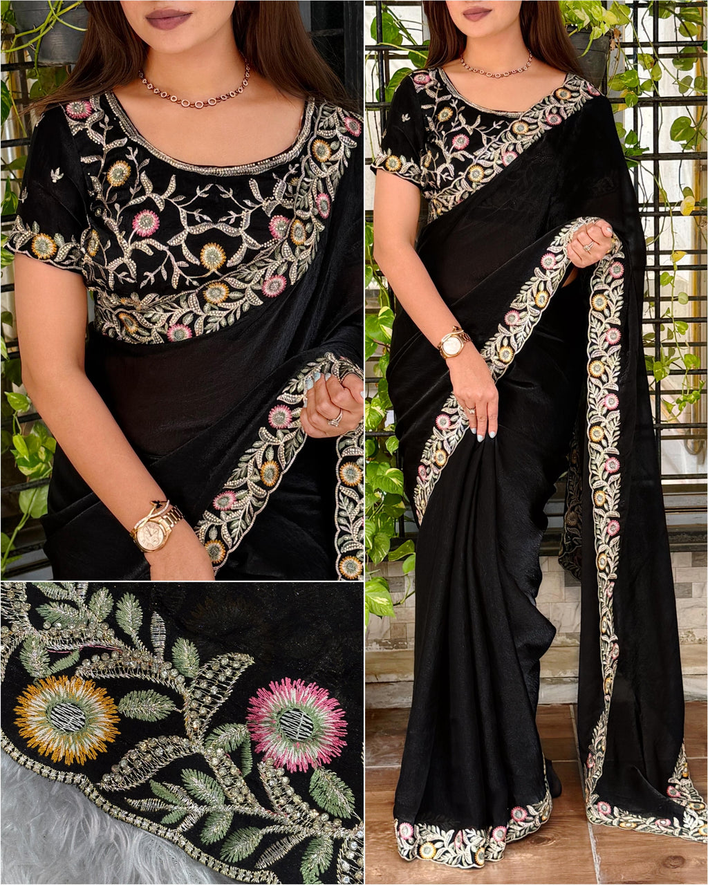 Gold And Silver Fandy Satin Saree