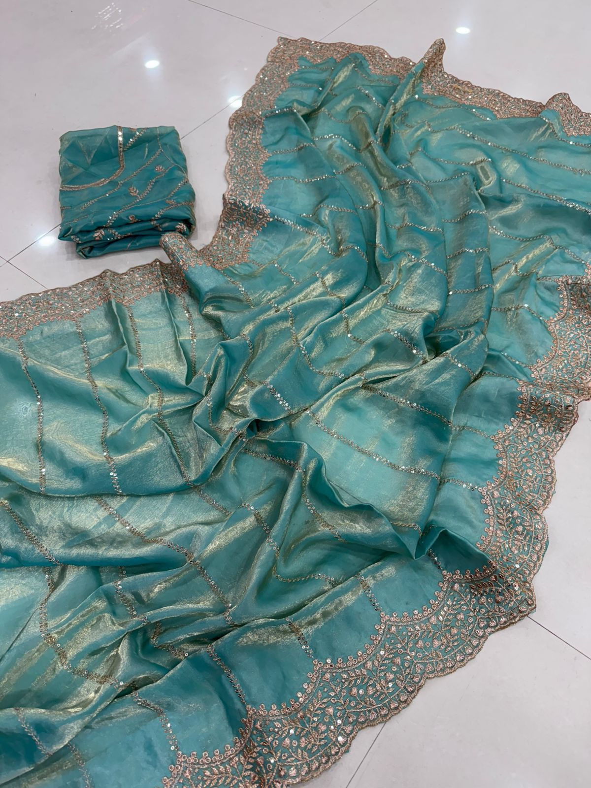 Space Sattin Muti Sequence Emrodairy Work Saree