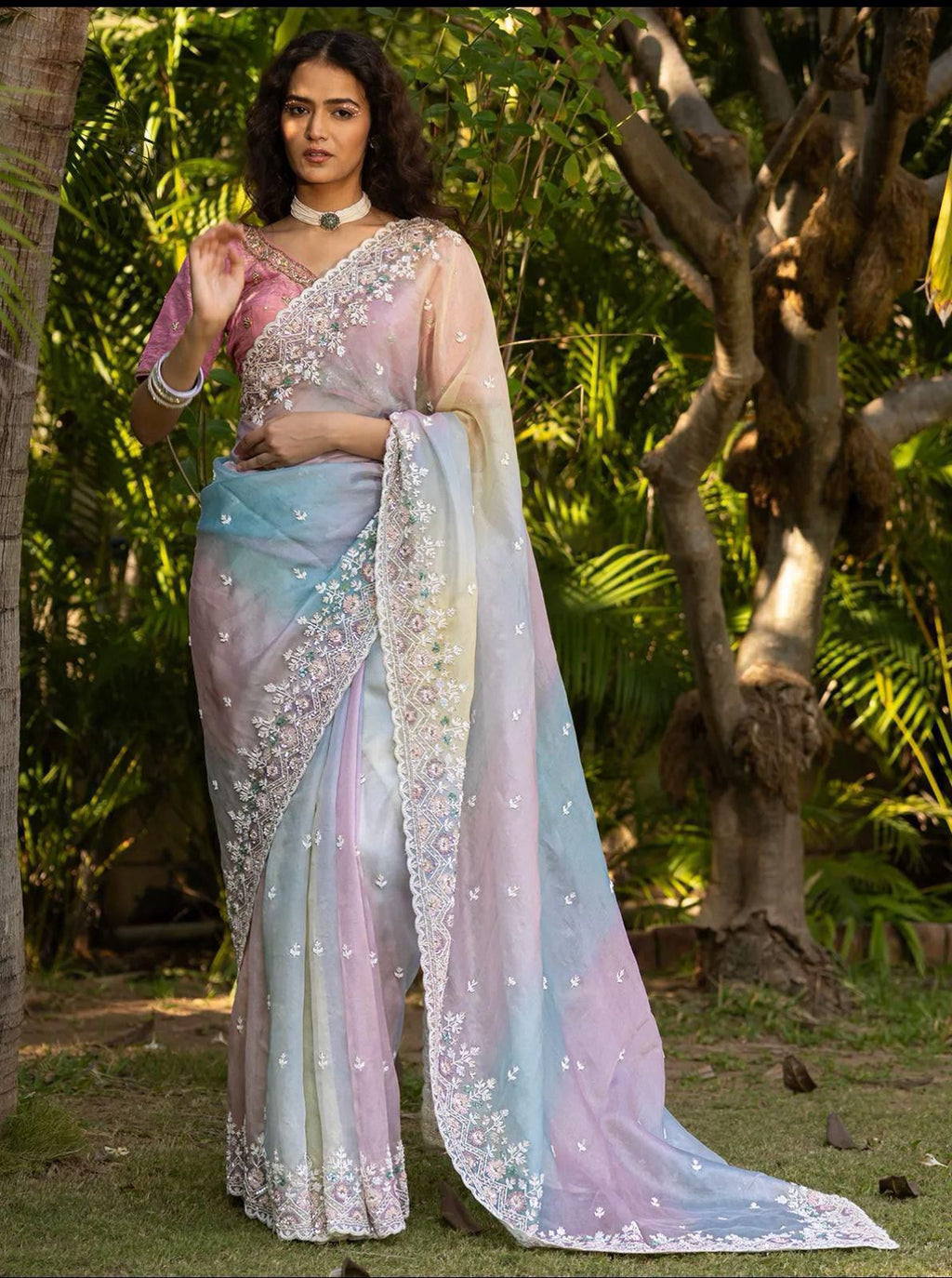 Soft Satin Organza Lehariya Print  Saree