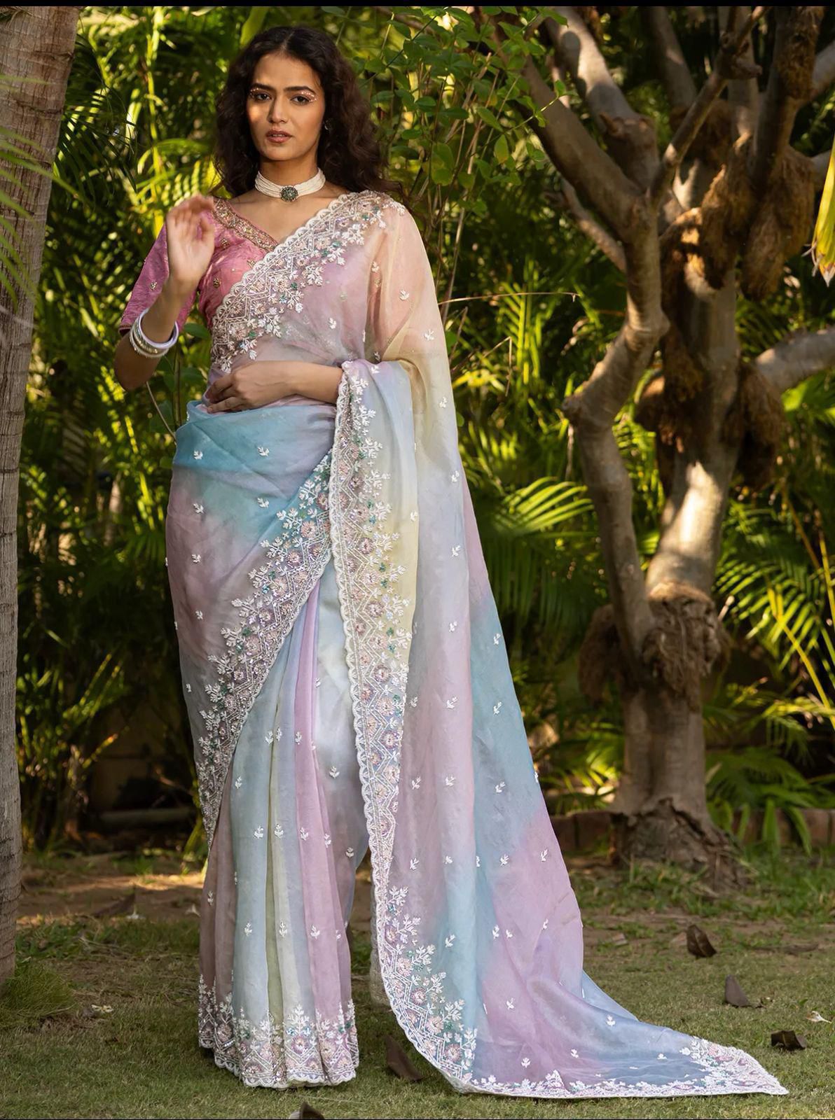 Soft Satin Organza Lehariya Print  Saree