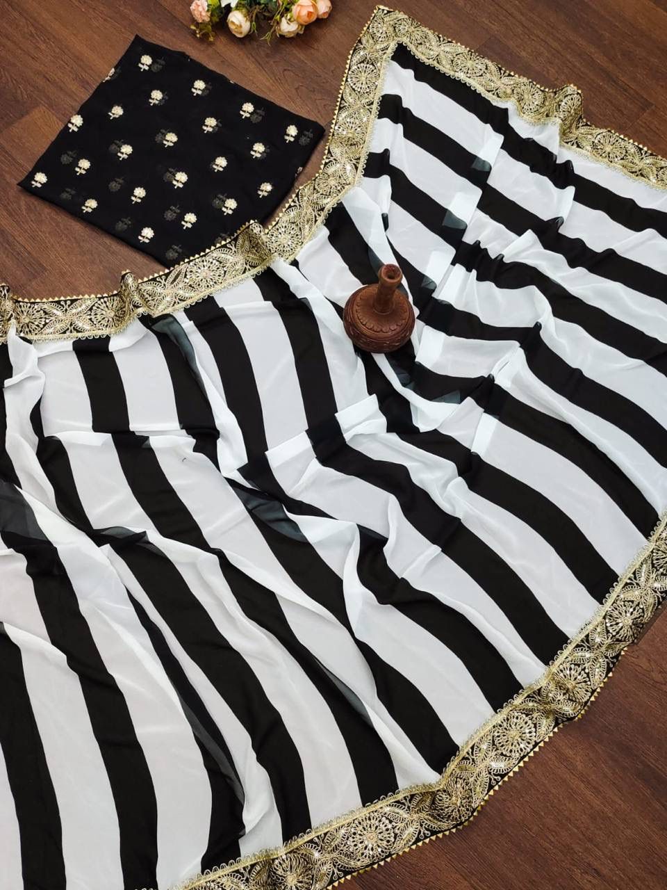Faux Georgette Black and White Saree