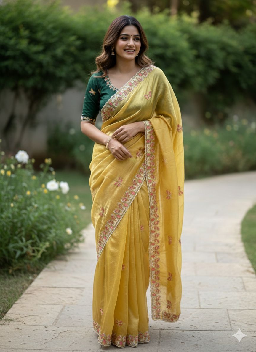 Butterfly 🦋 Motif Embroidered Crushded Organza saree