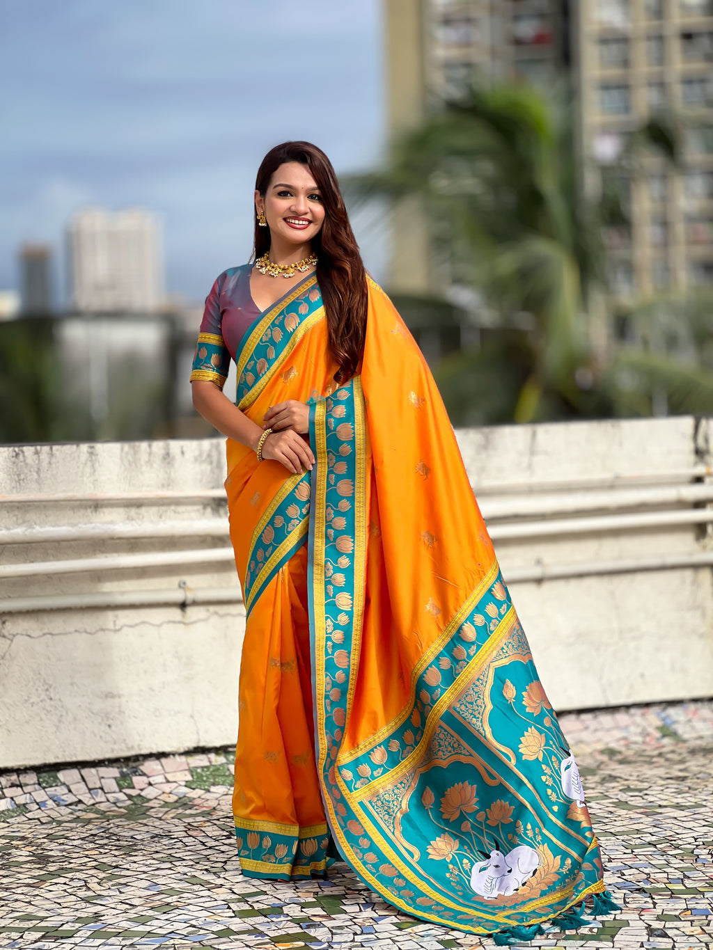 Soft Silk Paithani Saree With Cow nanadi motifs