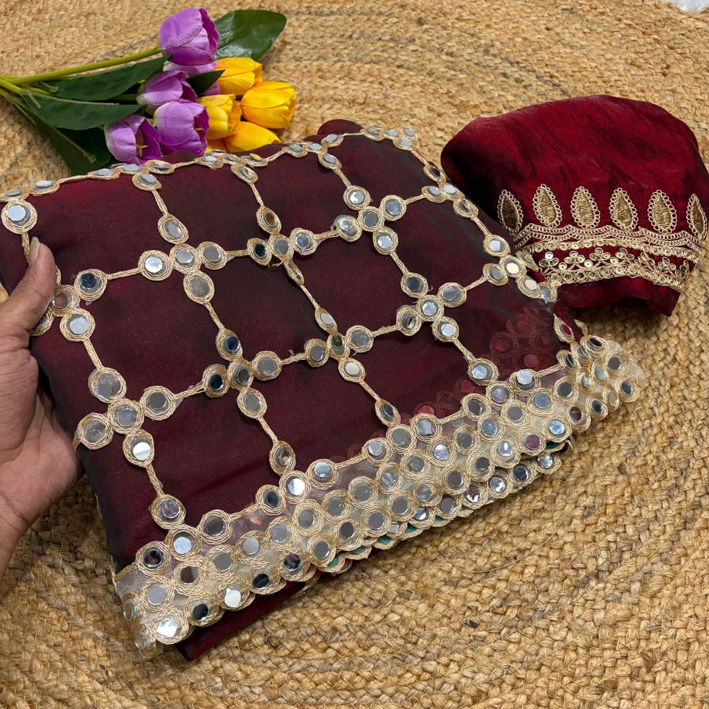 Wedding Fendy Silk Fabric with Real Mirror work Saree