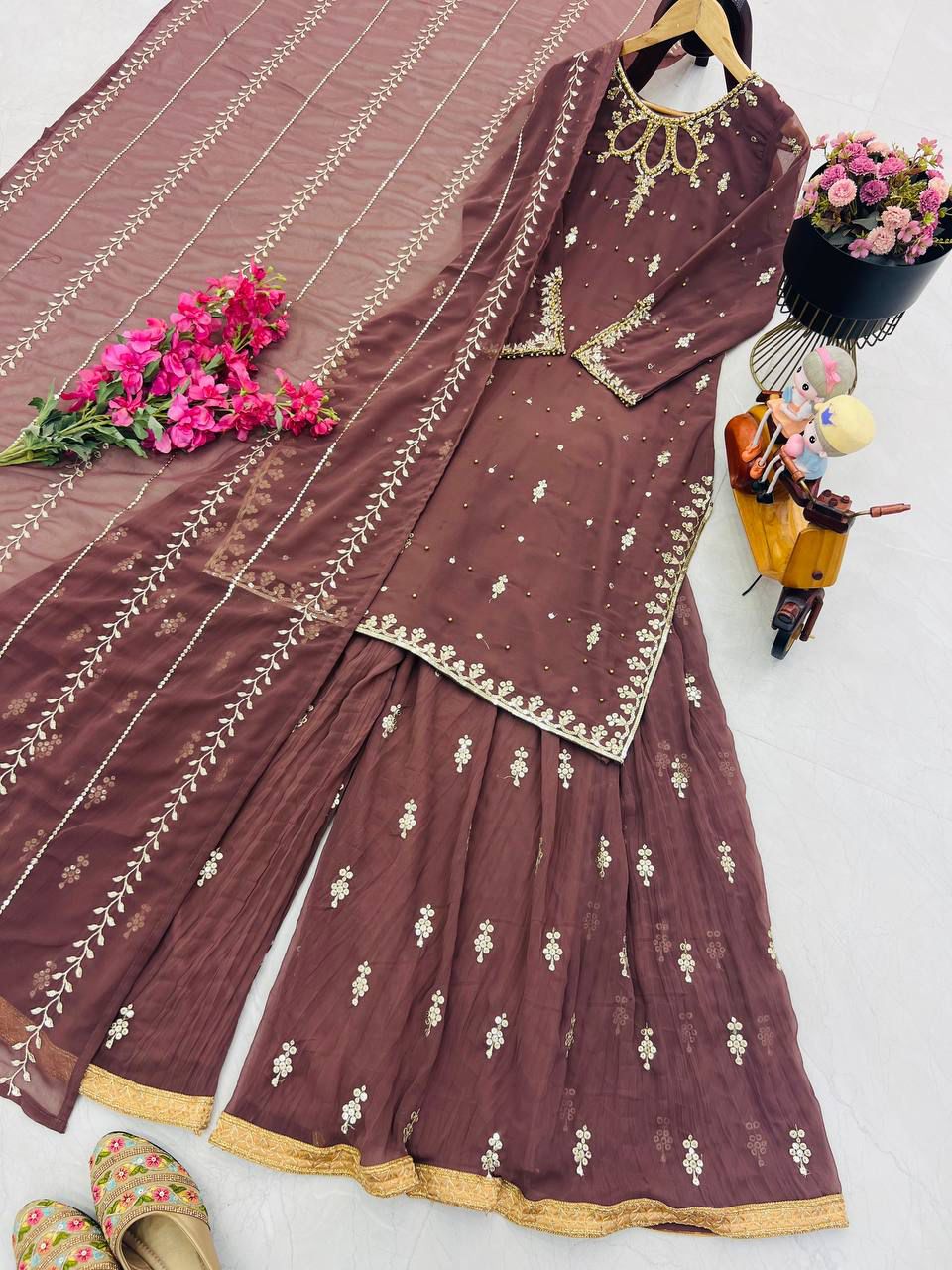 Fux Georgette Top Pallazo & Dupatta