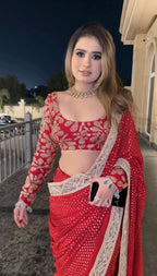 Faux Blooming Georgette Red Saree