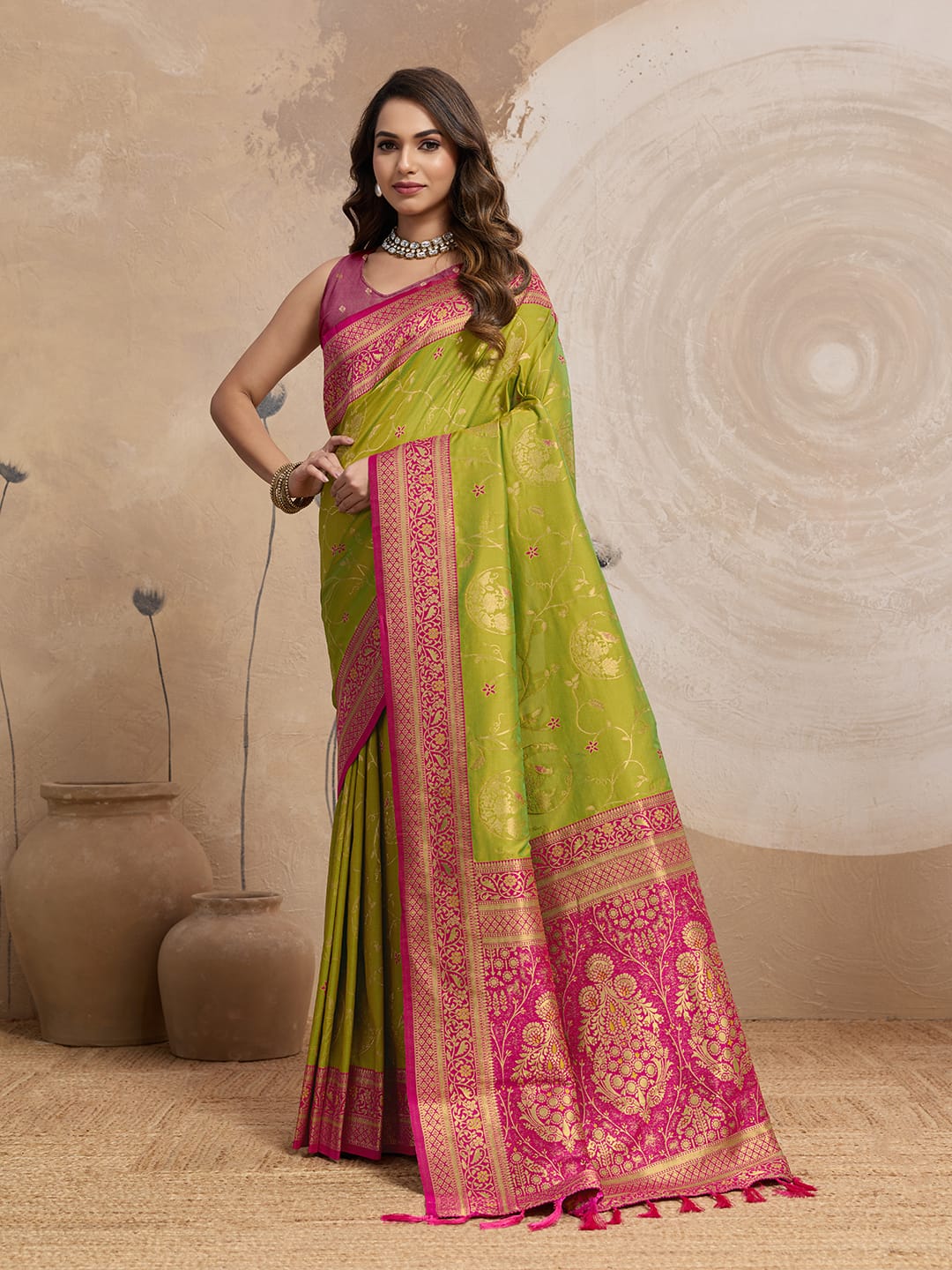 Banarasi Silk Sarees With Flower Meenakari Jaal