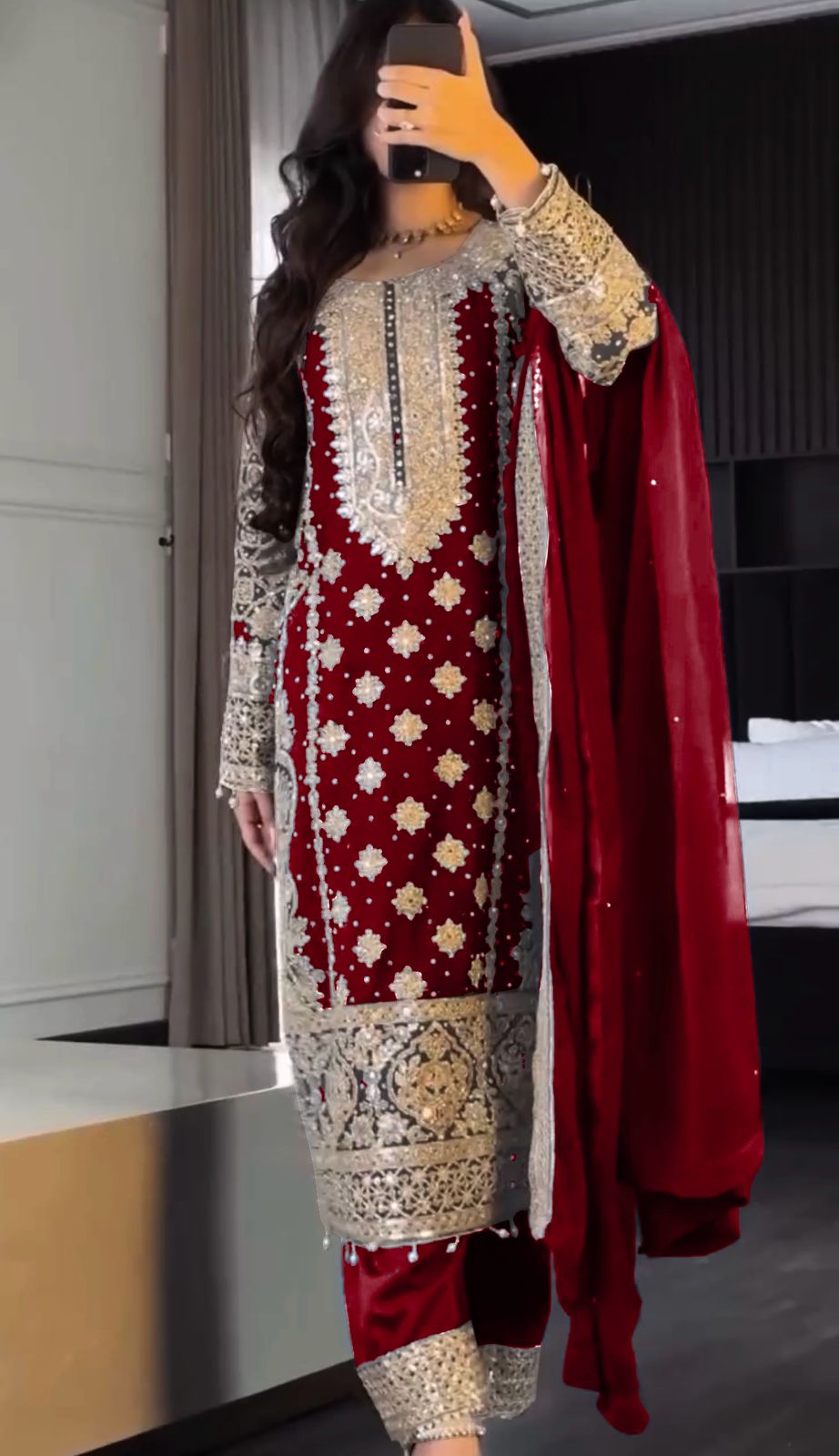 Faux Georgette  Heavy Embroidery Sequence Work Top-Bottom And Dupatta SeT