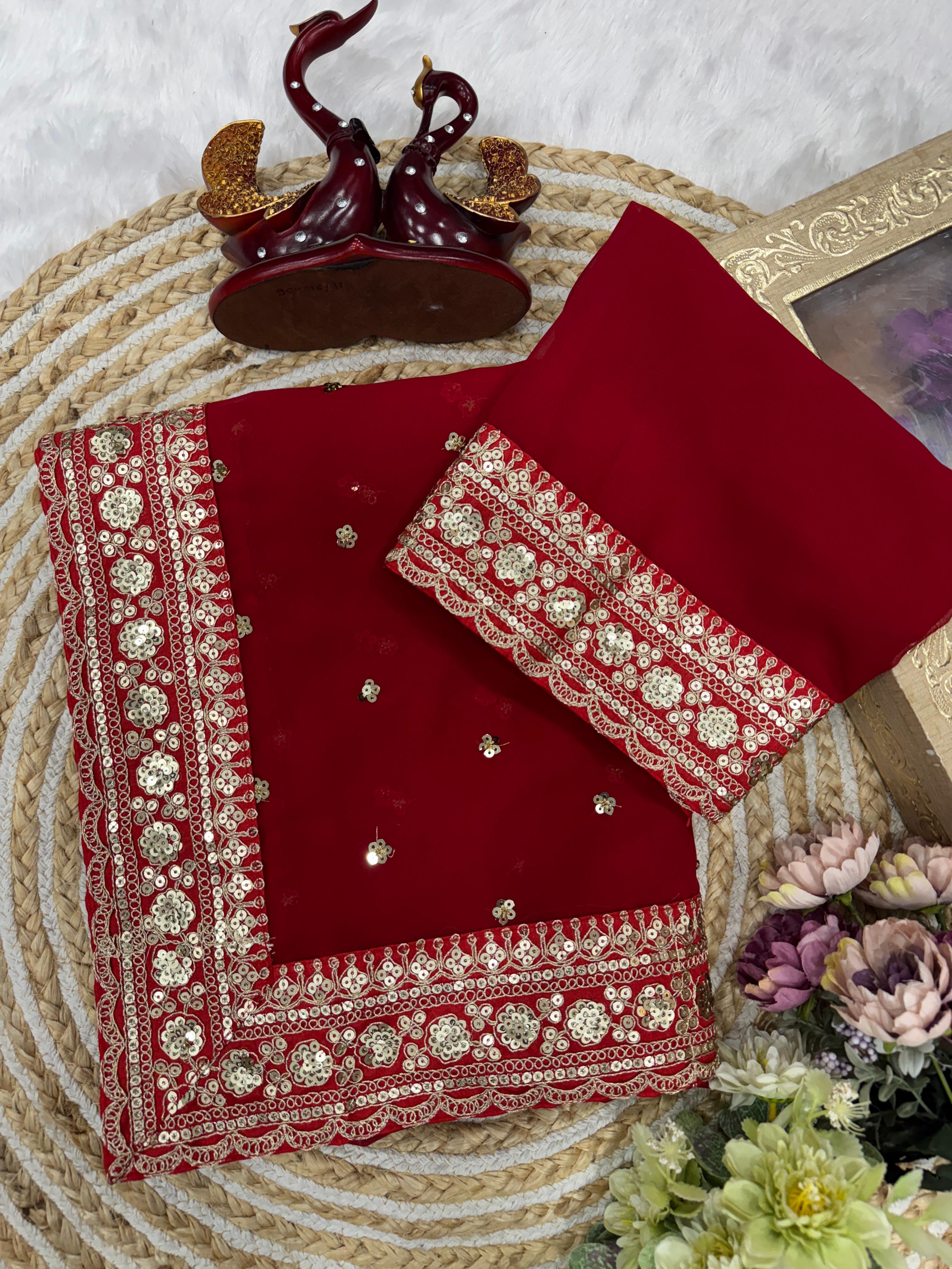 Pure Georgette Sequence Red Saree