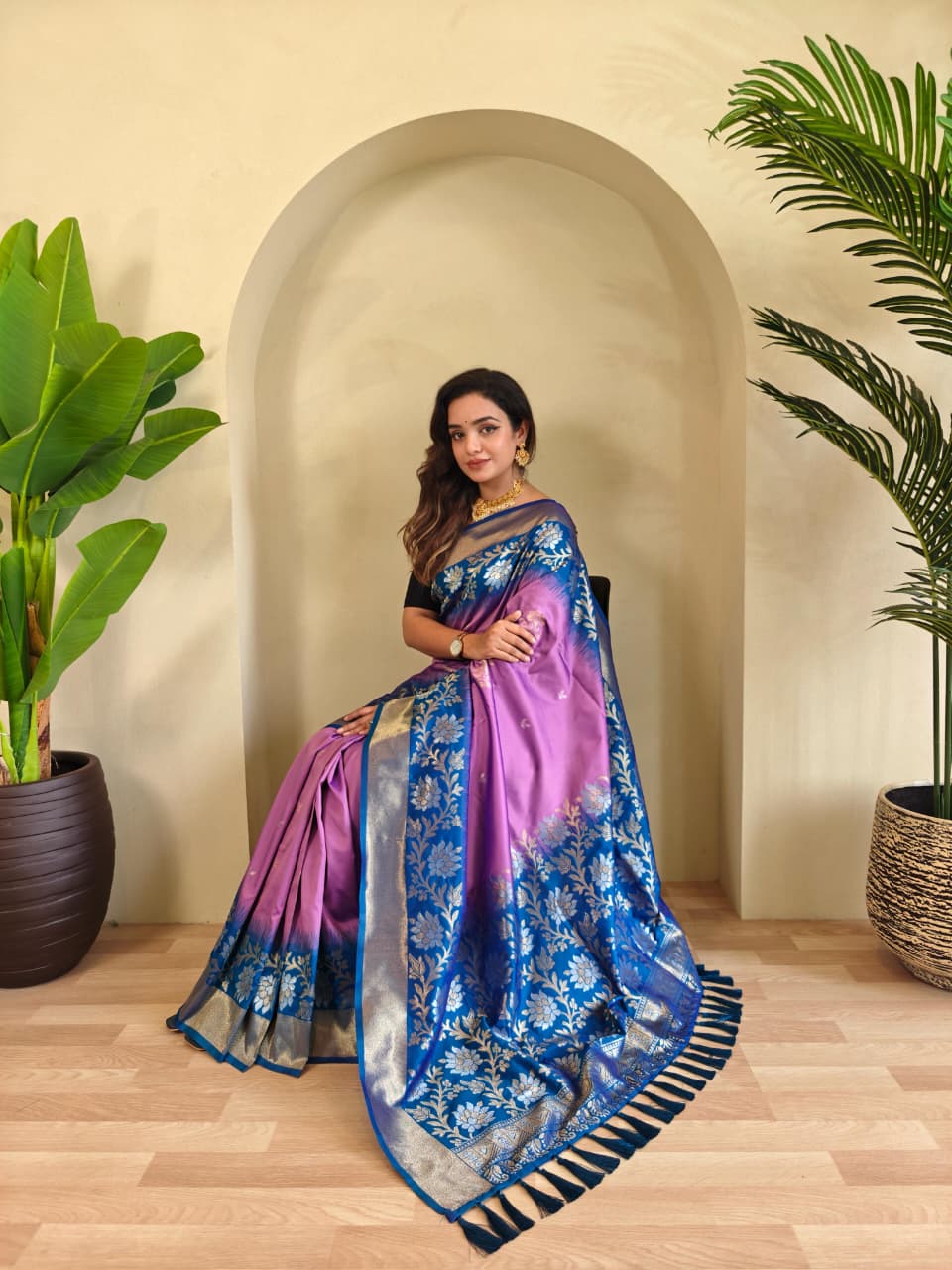 Dual tone silk sarees with all over zari weaves