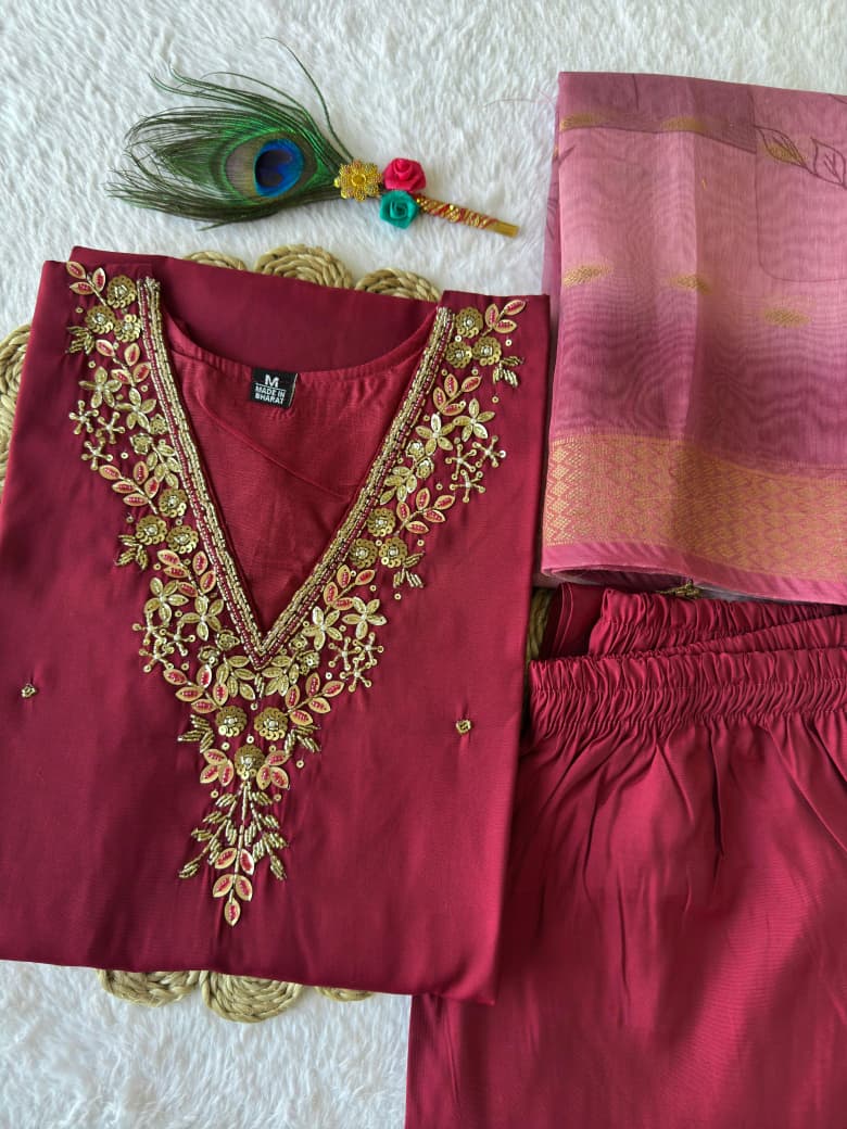 Premium Roman Silk Kurti Pent Dupatta