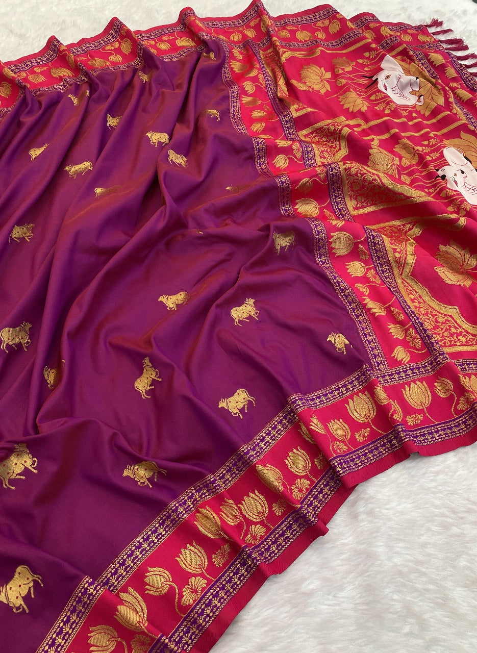 Soft Silk Paithani Saree With Cow nanadi motifs