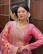 Anarkali Flared Pink Kurti Pant Dupatta Set