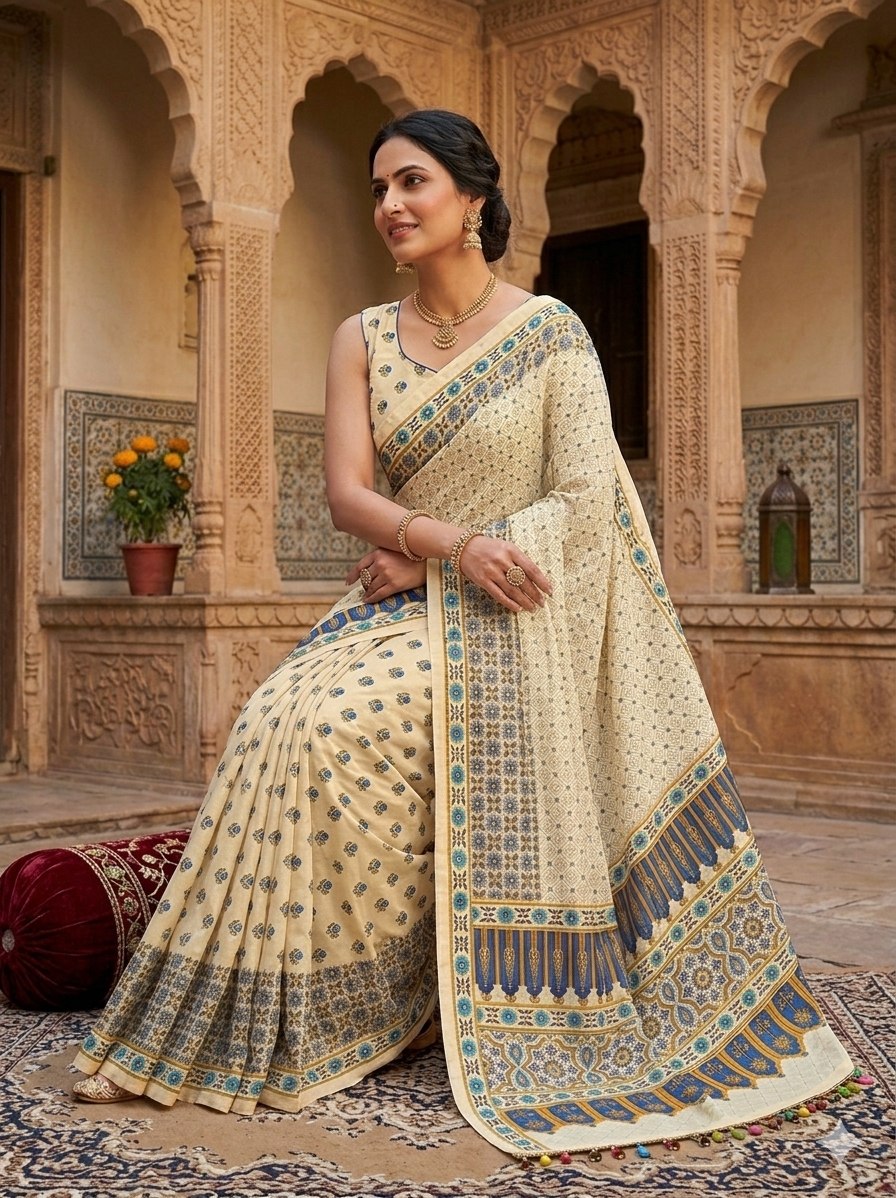 Viral Ajrak Mirror Work Saree