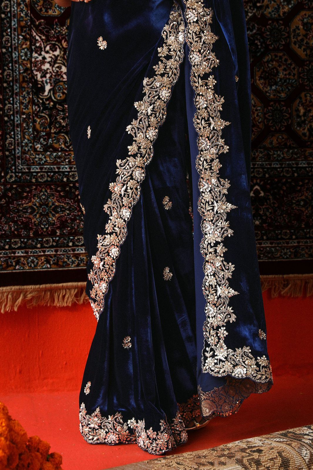 Viscose Velvet Nevy Blue Wedding Saree