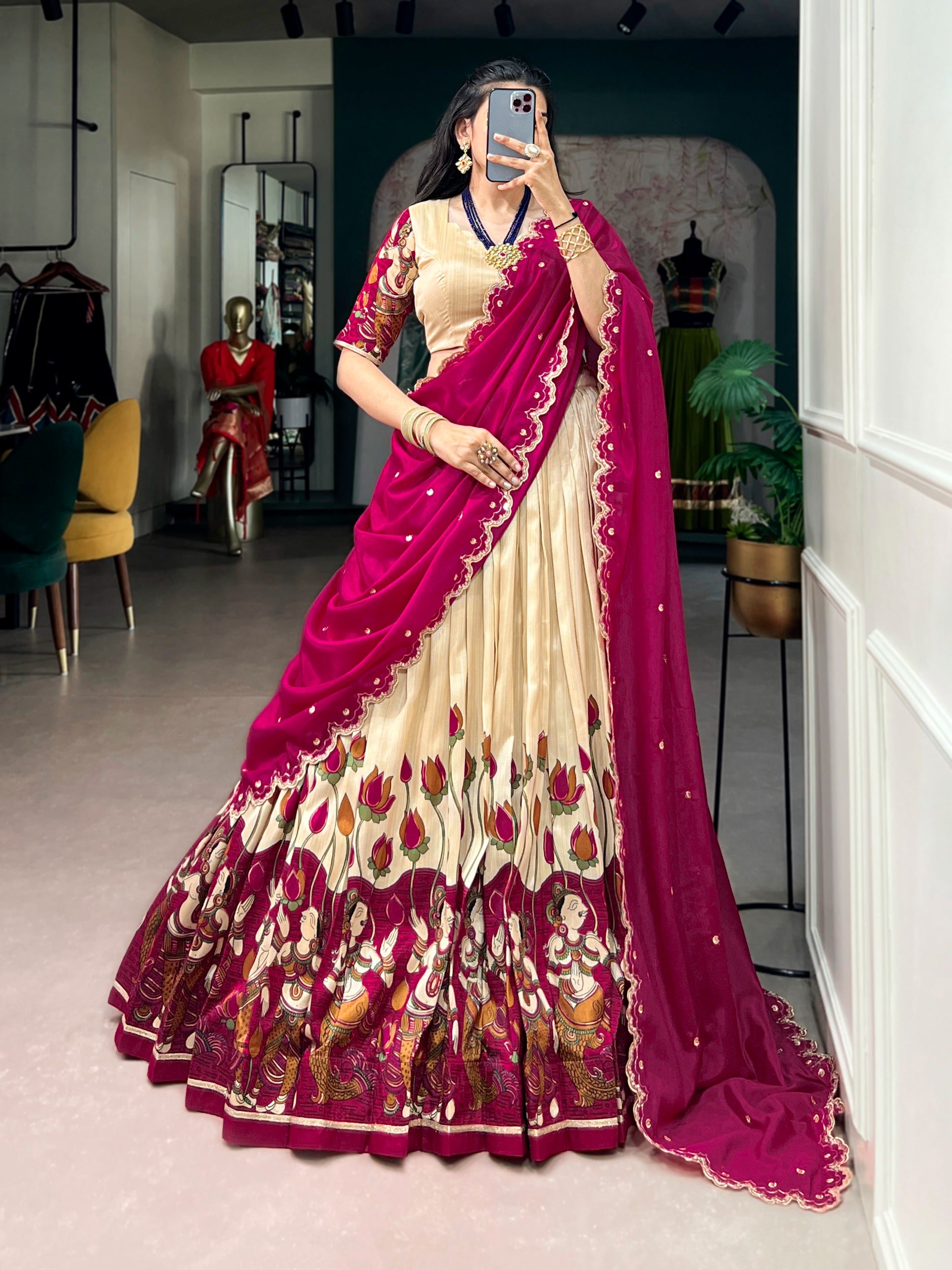 Tasar Silk Kalamkari Print Wedding lehenga