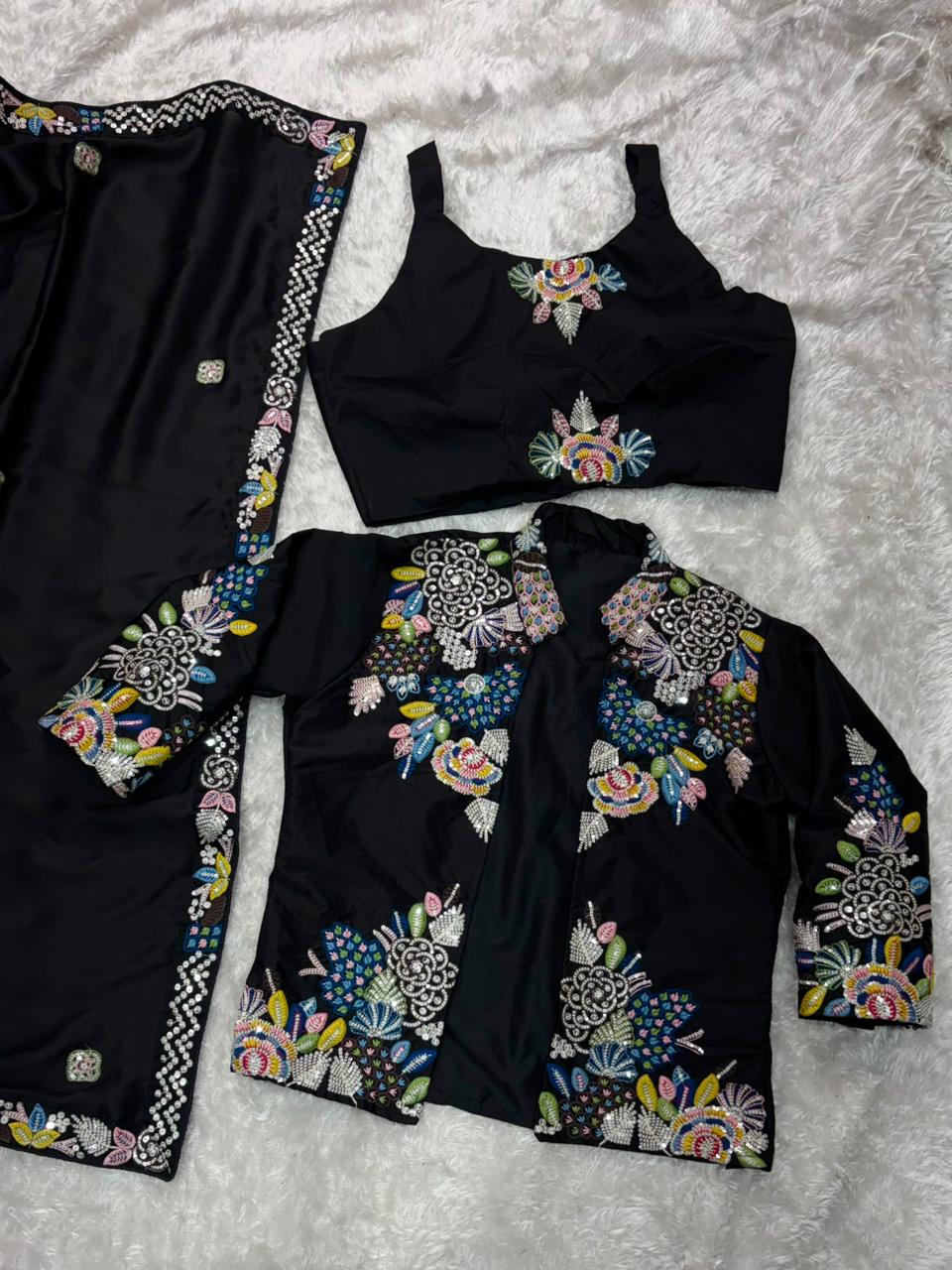 Partywear Beauty Embroidery Work Saree With Stich koti