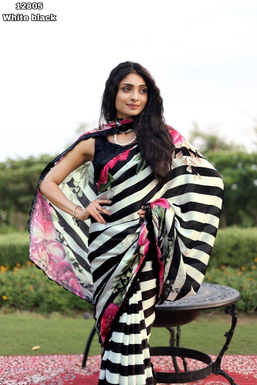 Smooth Satin Georgette Gemotrical Strips Print