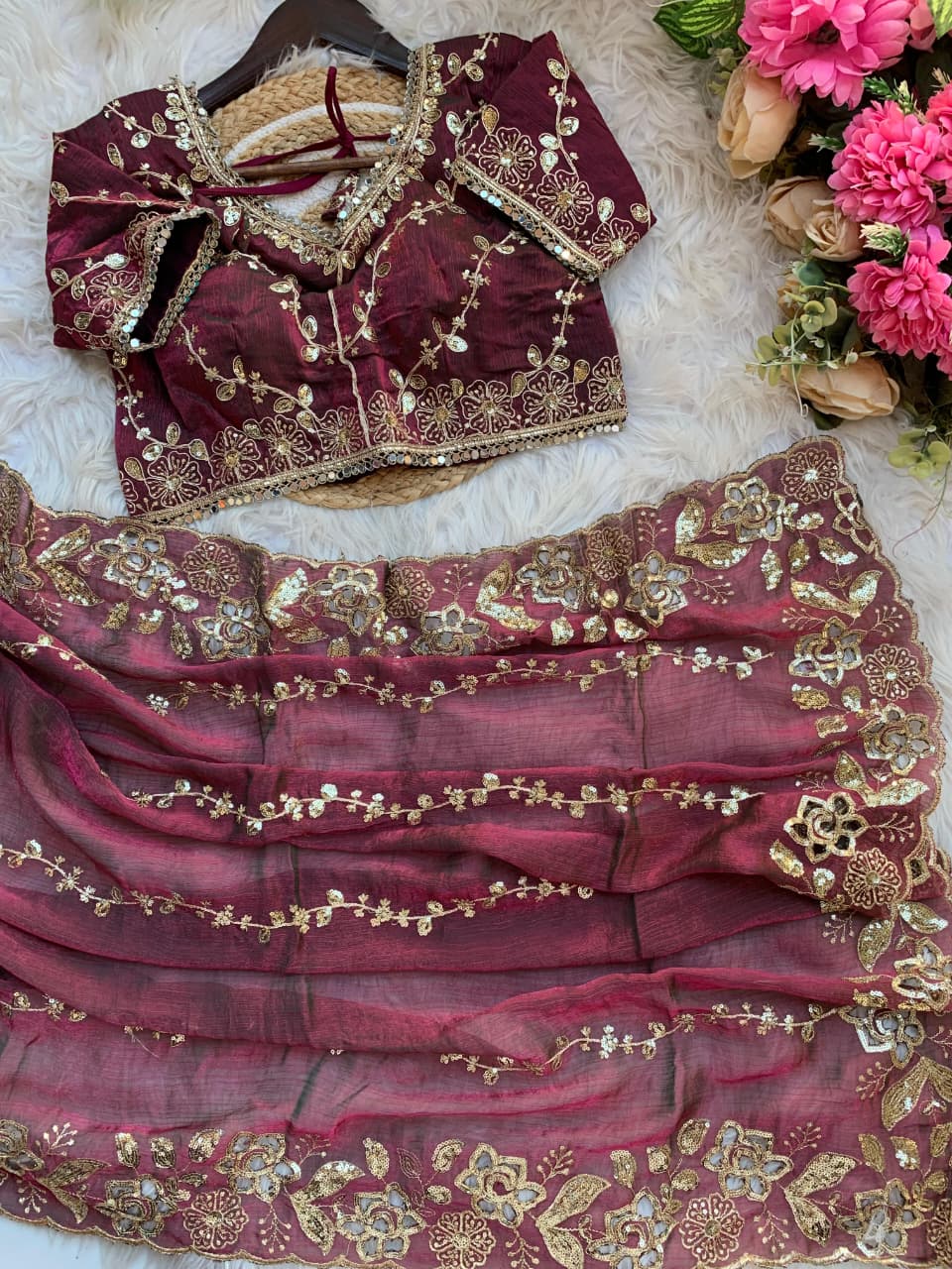 Fendy Chiffon Fabric  Beautiful Embroidery Wedding Saree