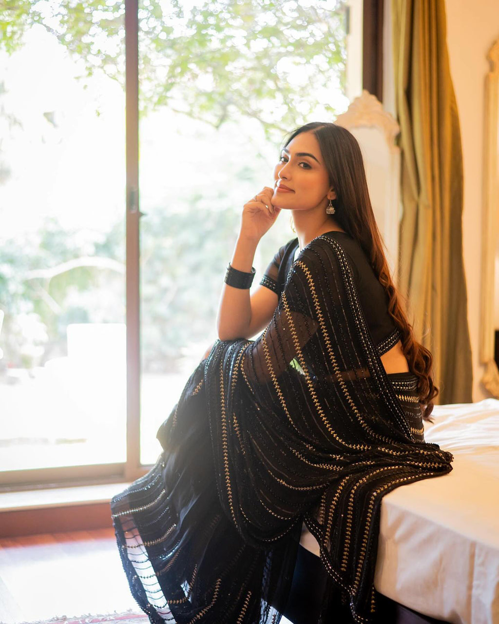 Georgette Sequence Work Black Saree