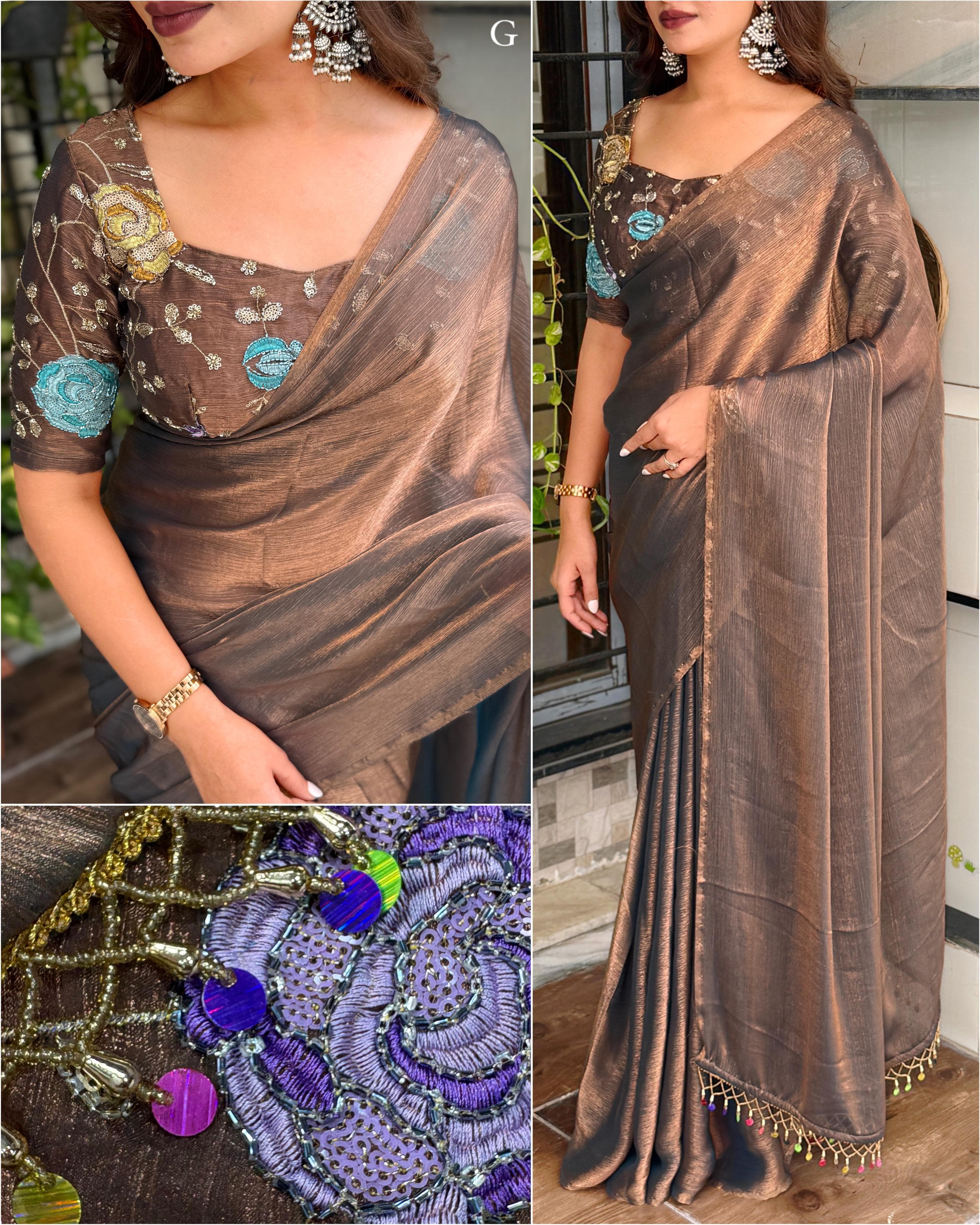 Genz Black Grey Fandy Chiffon Saree