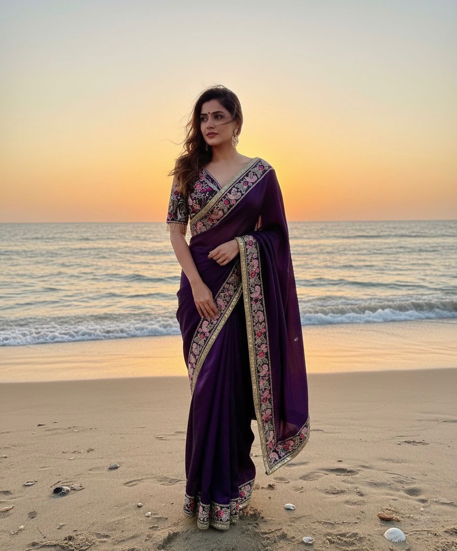 Soft Rangoli Silk Fabric Purple Saree