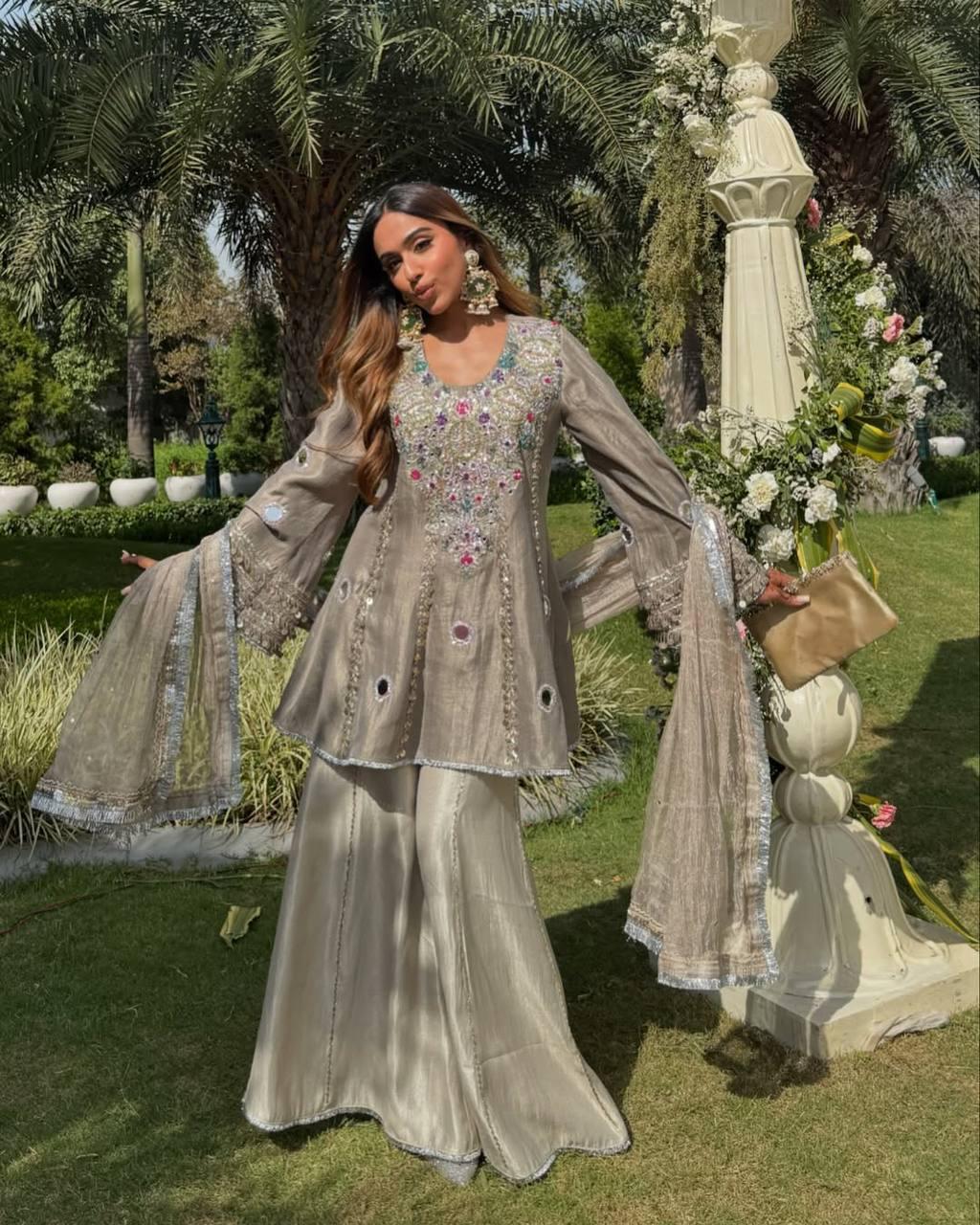 HEAVY NATURAL CREAP TOP SHARARA DUPATTA