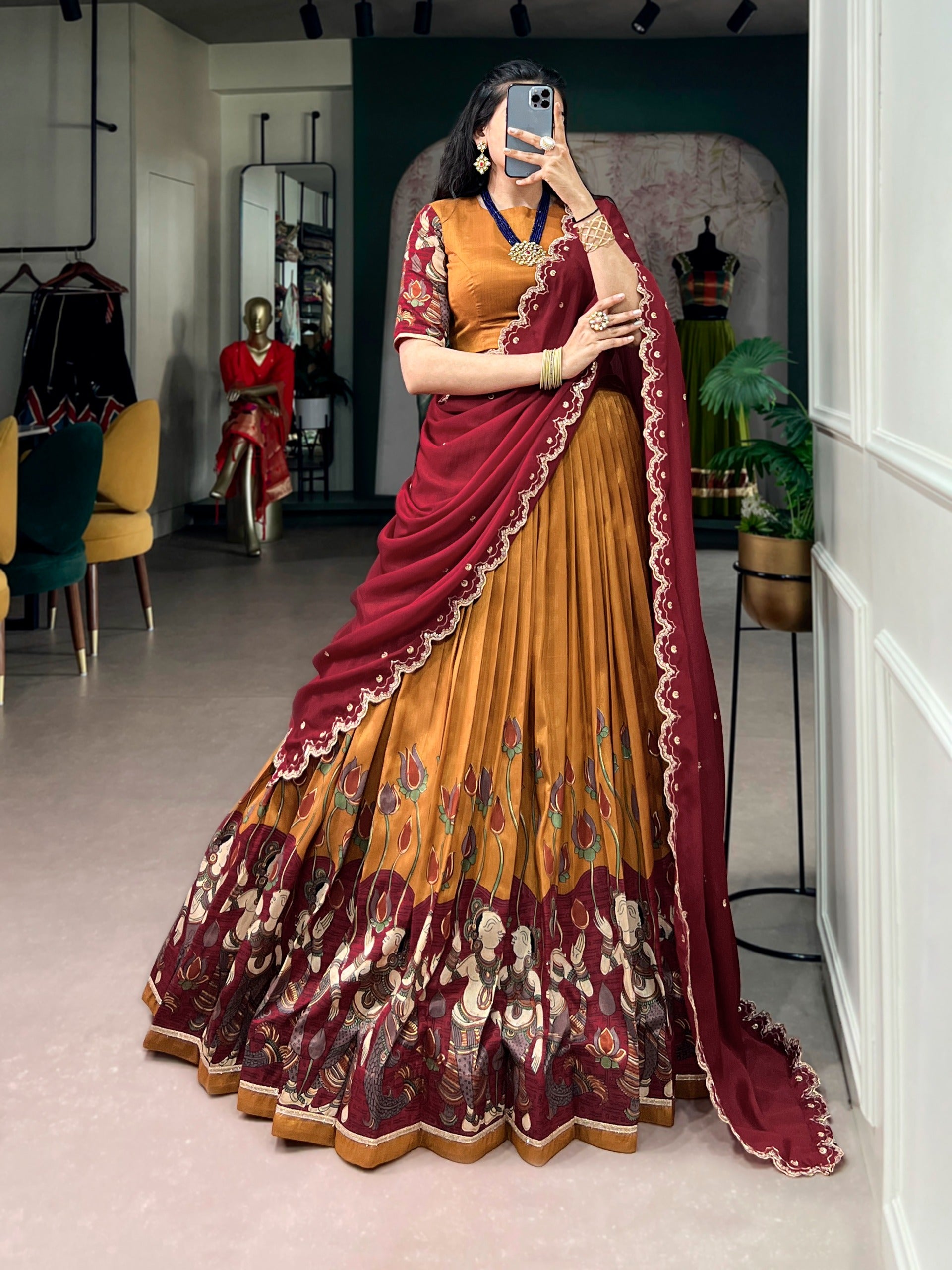 Tasar Silk Kalamkari Print Wedding lehenga