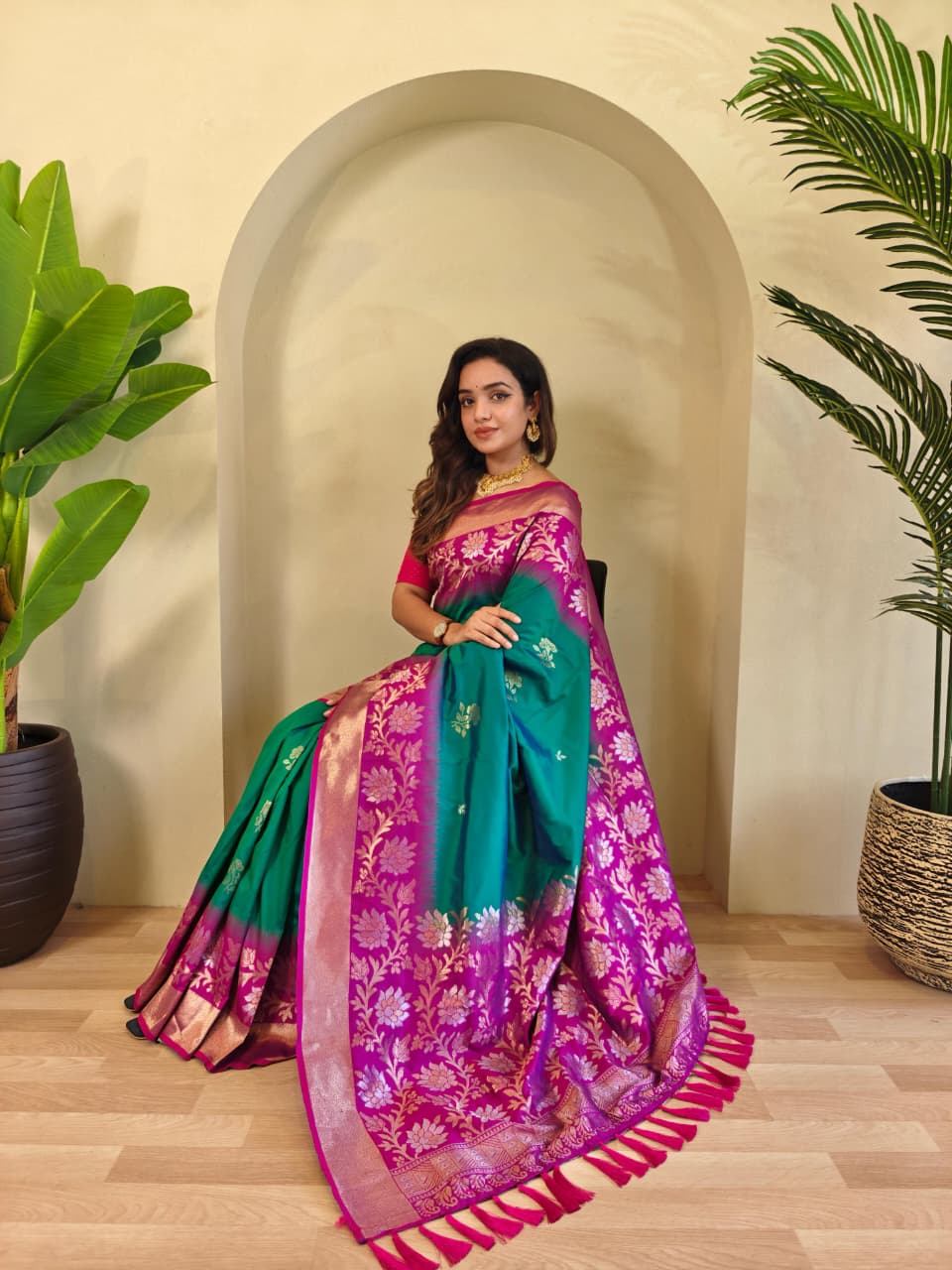 Dual tone silk sarees with all over zari weaves