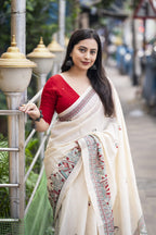 Soft Linen Saree With Madhubani Prints.