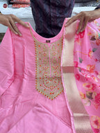 Anarkali Flared Pink Kurti Pant Dupatta Set