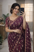 Nc Moss Sattin Dual Shad Multi Emrodairy Sequence Saree