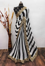 Faux Georgette Black and White Saree