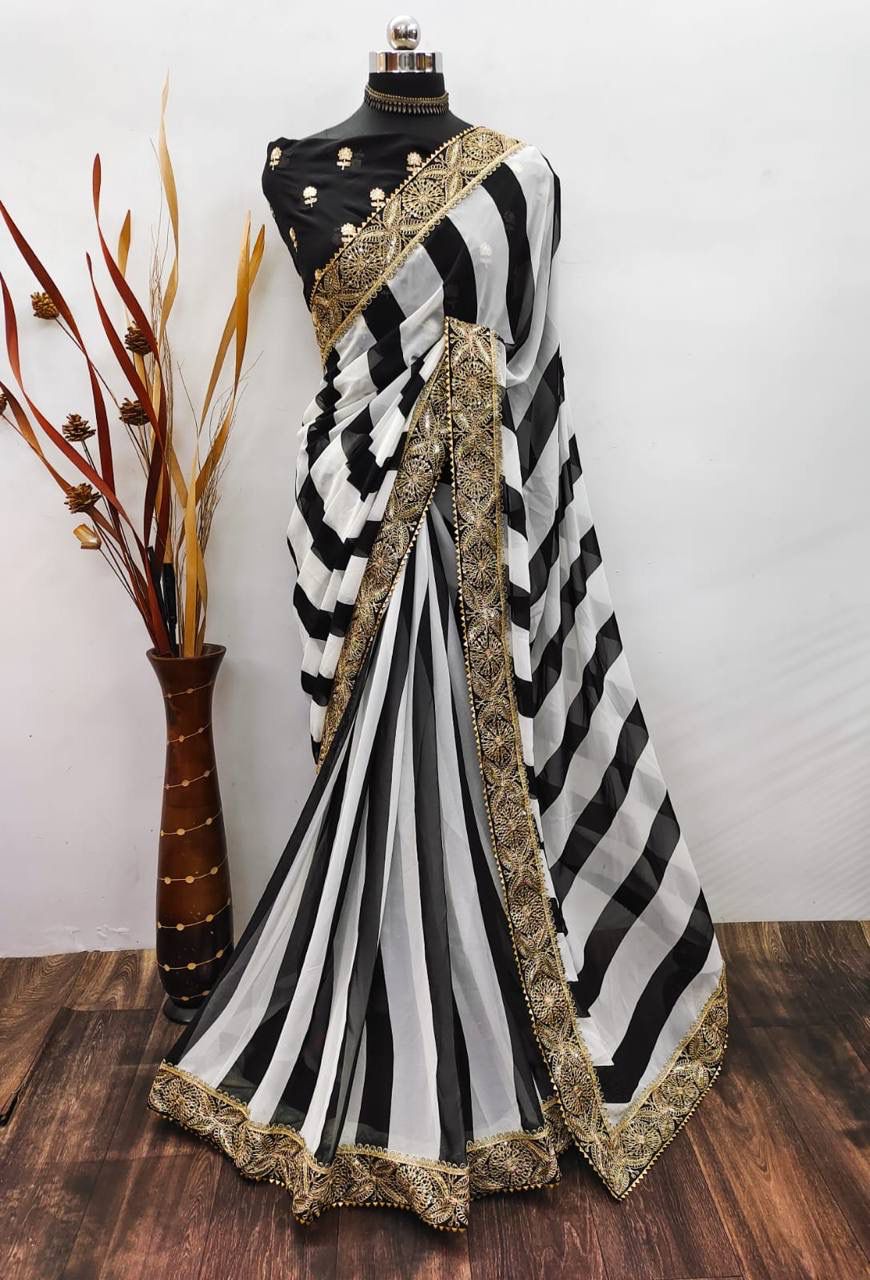 Faux Georgette Black and White Saree