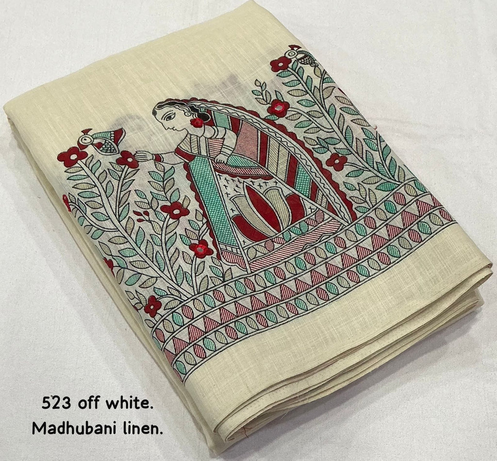 Soft Linen Saree With Madhubani Prints.