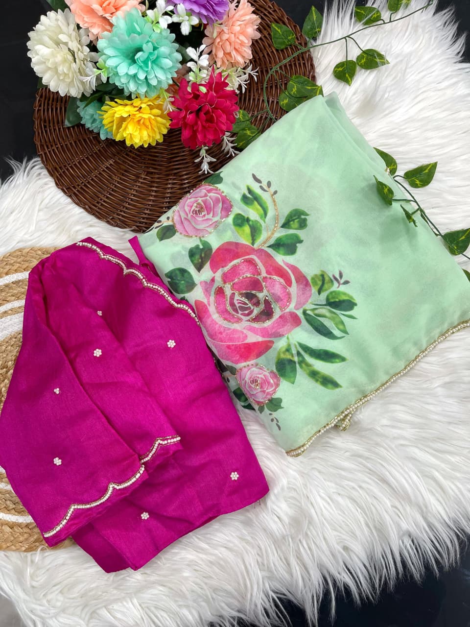 Georgette Green Saree