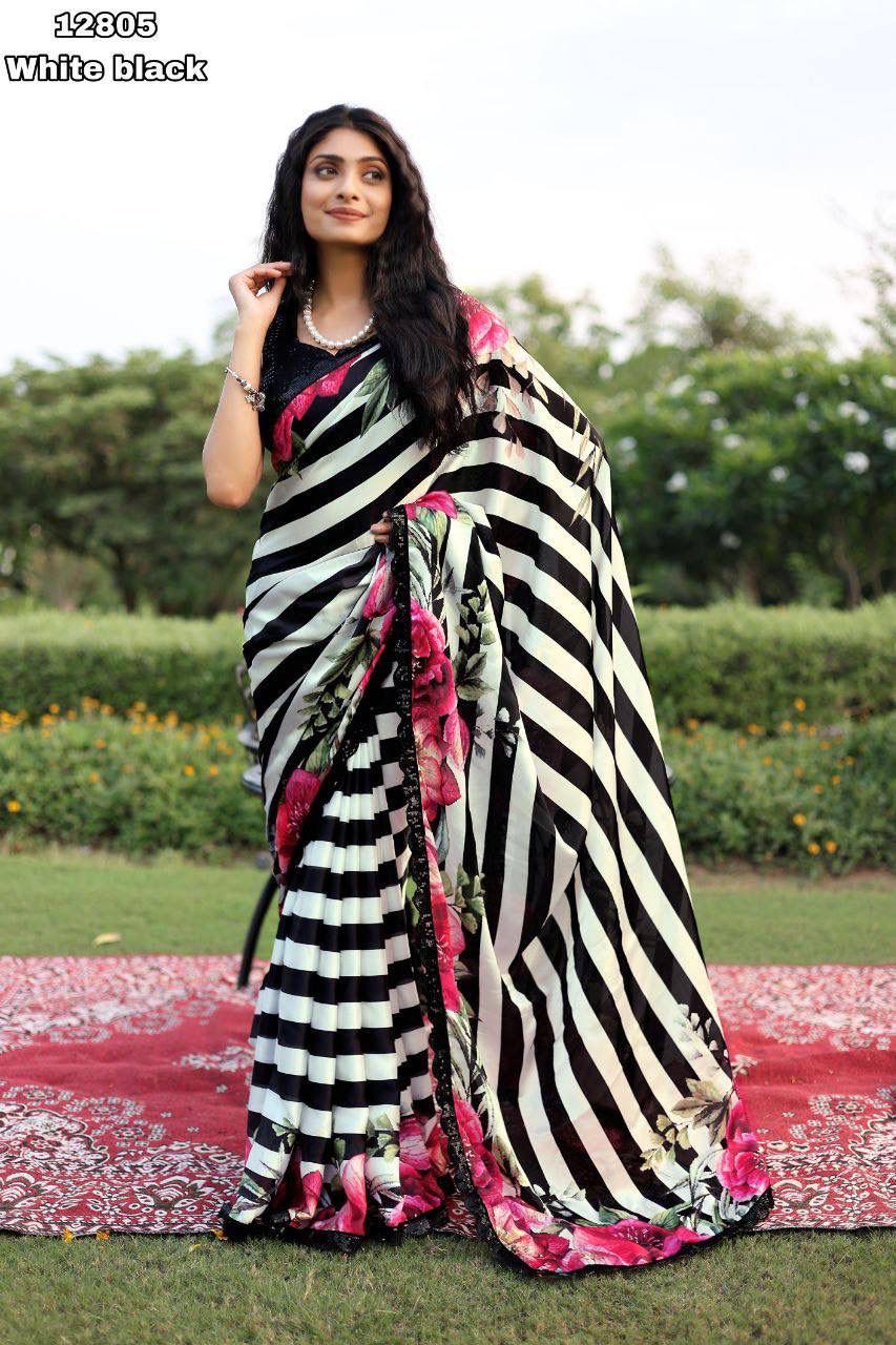 Smooth Satin Georgette Gemotrical Strips Print